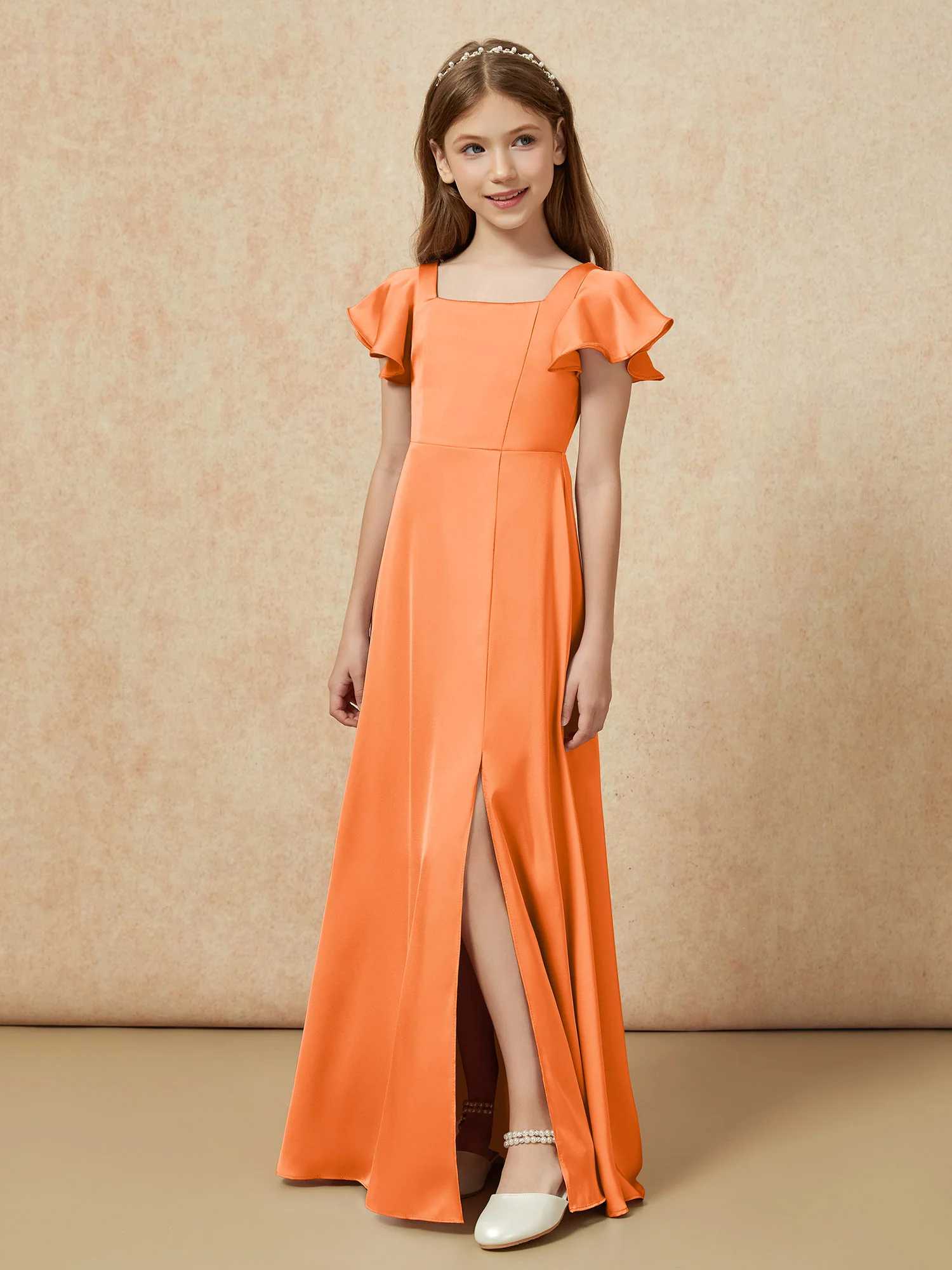 Square Neck Long Satin Junior Bridesmaid Dress Orange - Image 5