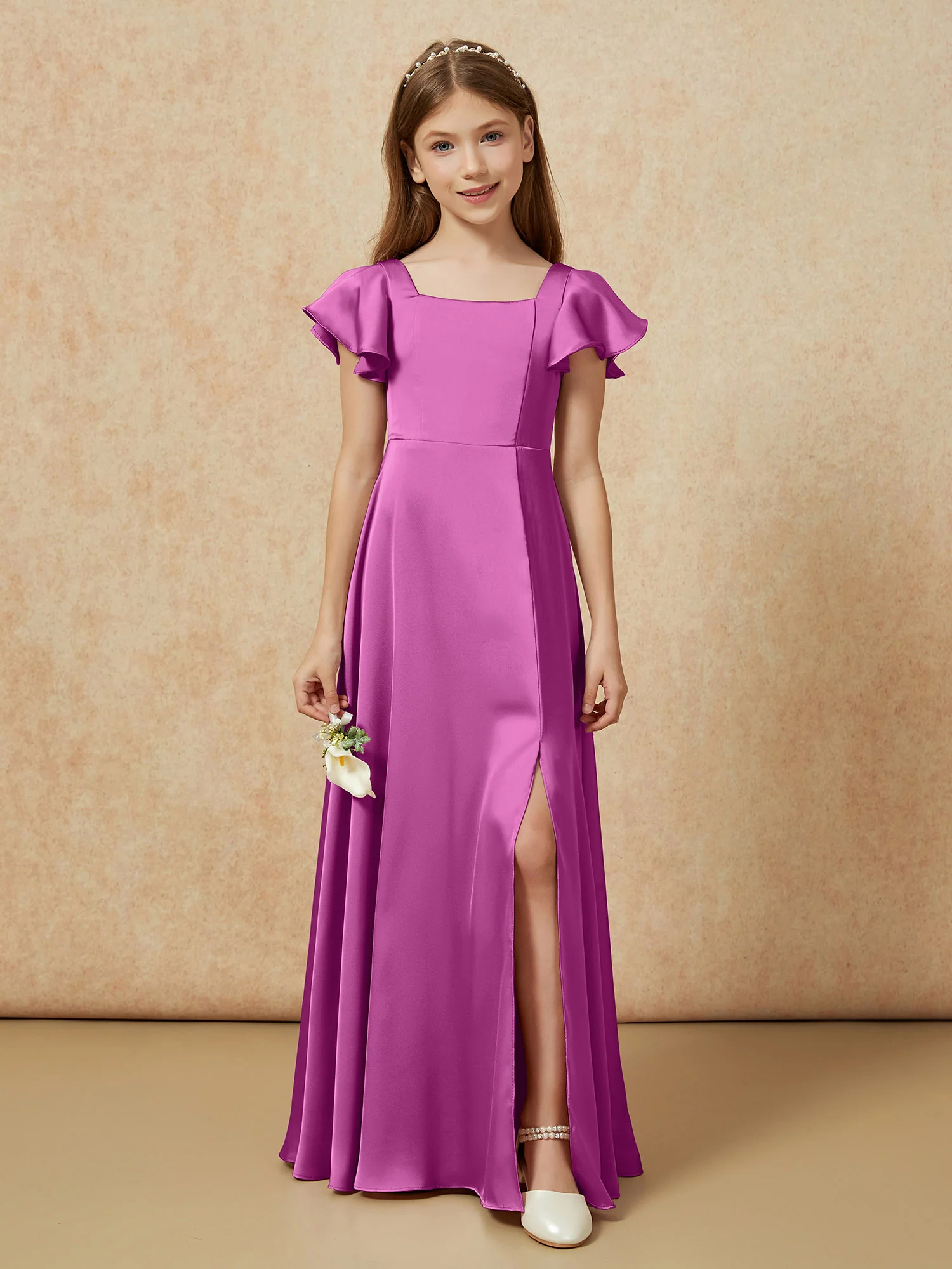 Square Neck Long Satin Junior Bridesmaid Dress Orchid