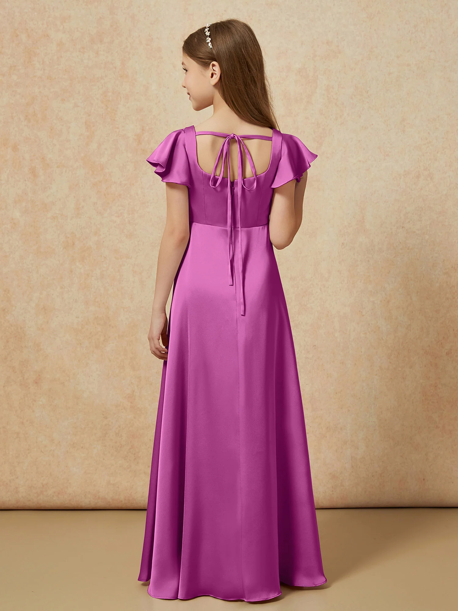 Square Neck Long Satin Junior Bridesmaid Dress Orchid - Image 2
