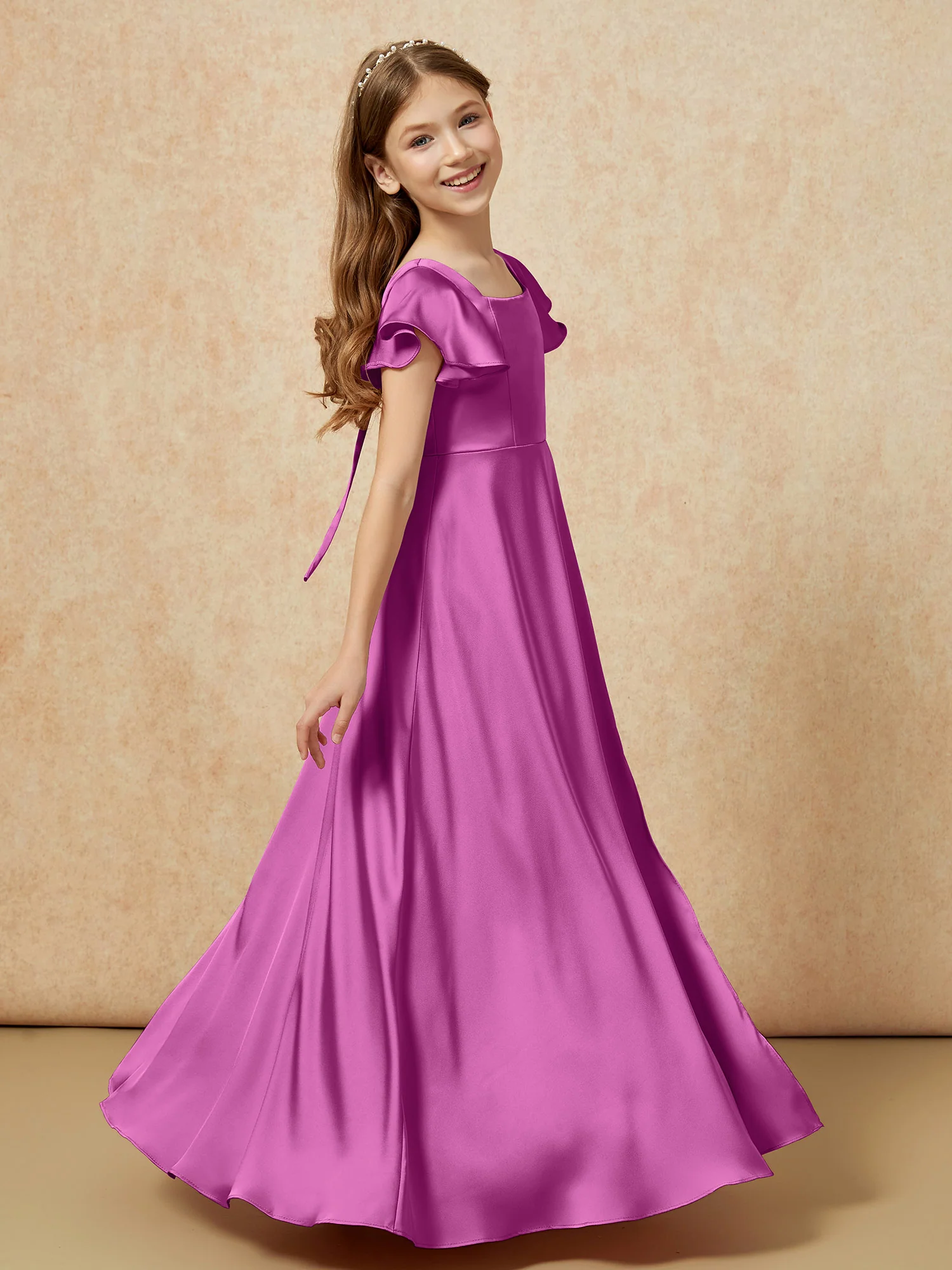 Square Neck Long Satin Junior Bridesmaid Dress Orchid - Image 3