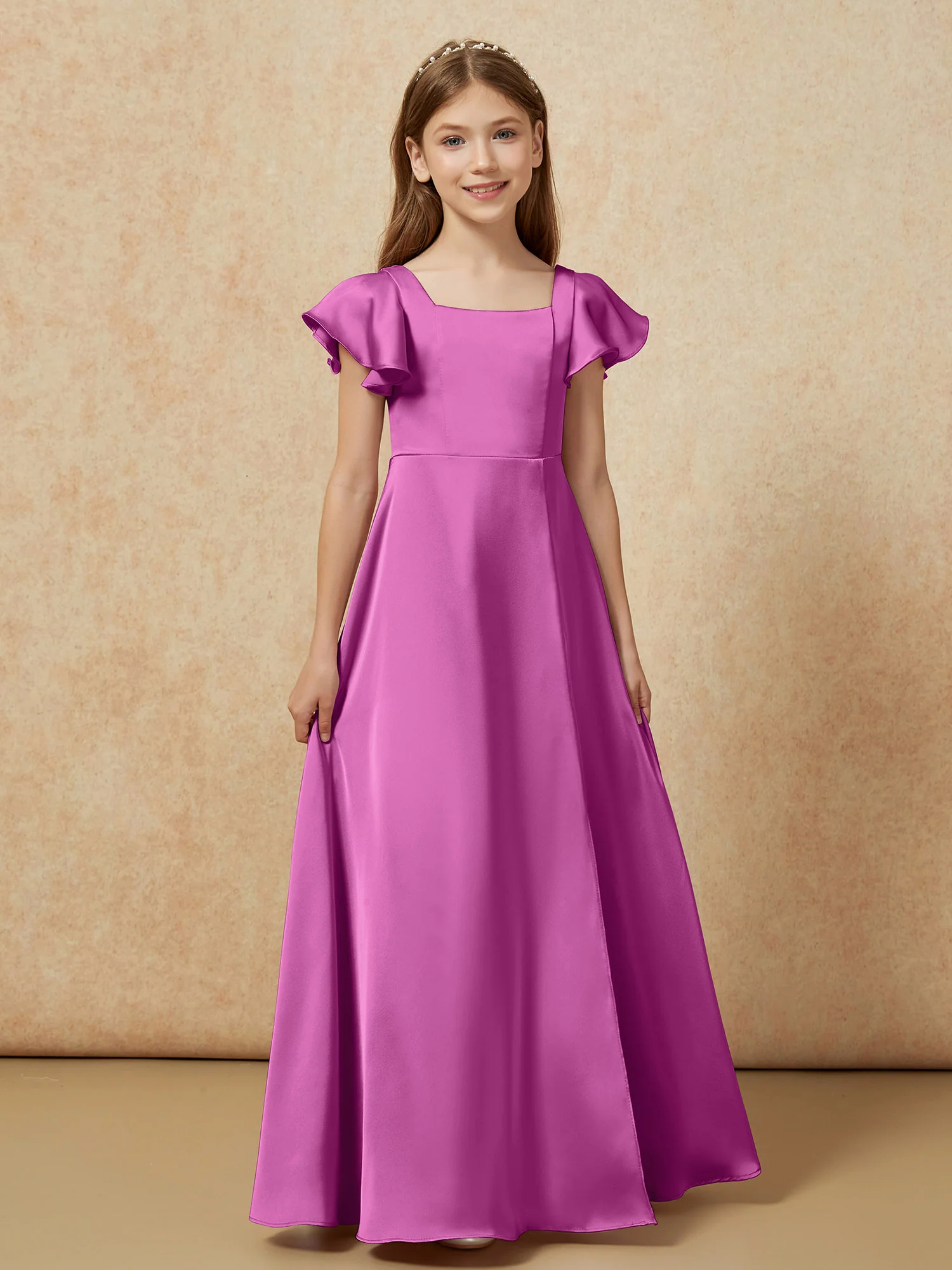 Square Neck Long Satin Junior Bridesmaid Dress Orchid - Image 4
