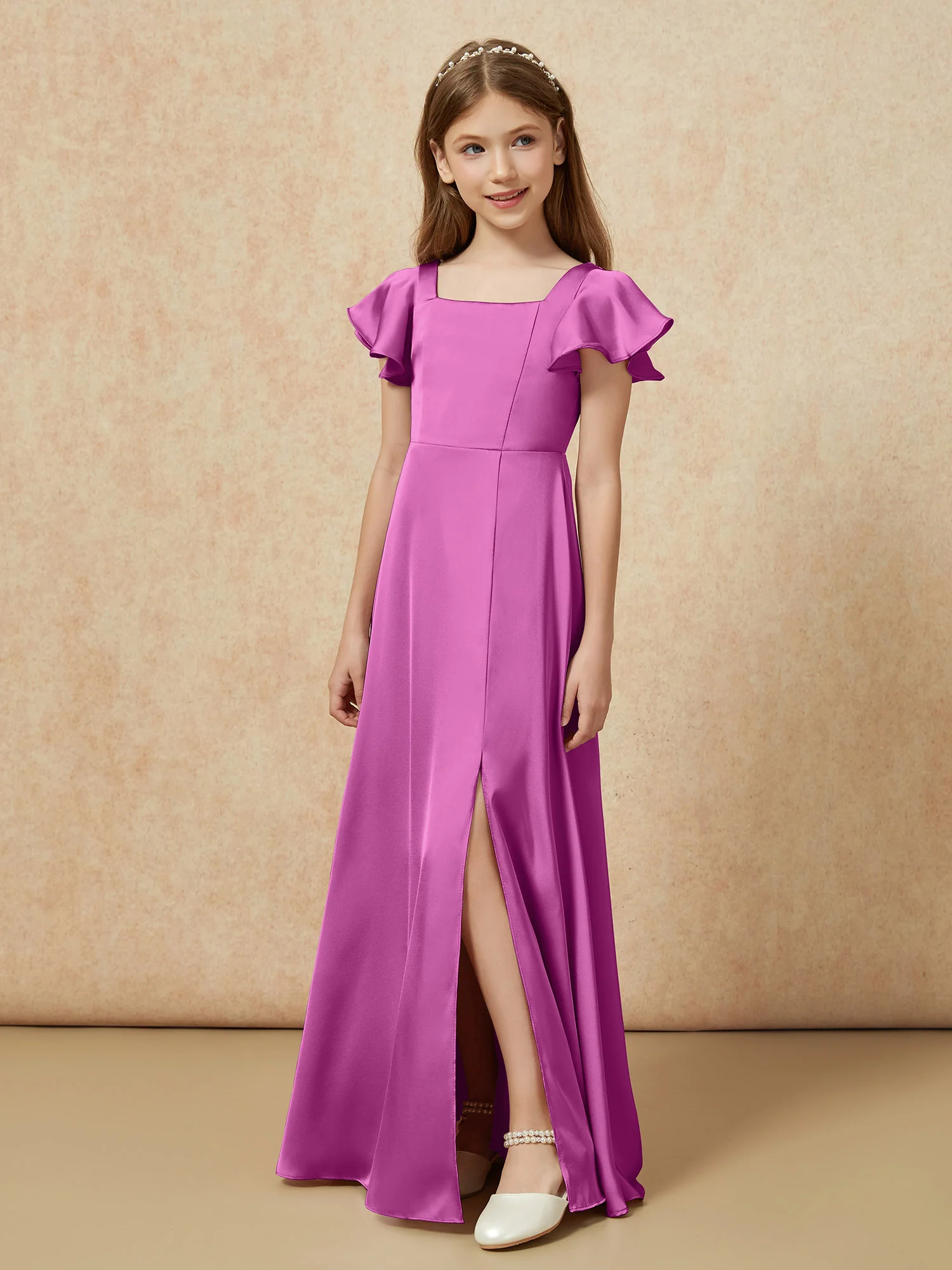 Square Neck Long Satin Junior Bridesmaid Dress Orchid - Image 5