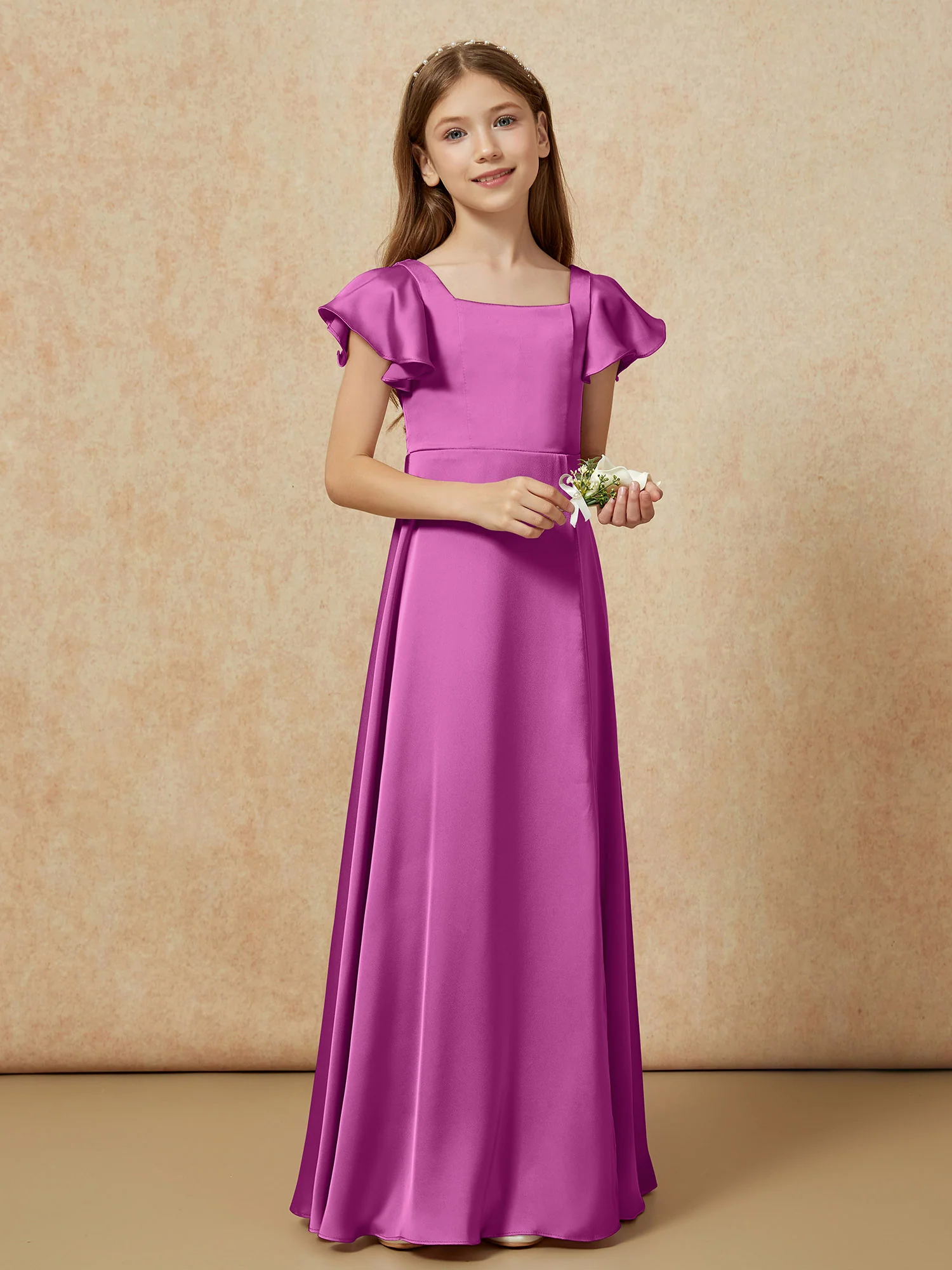 Square Neck Long Satin Junior Bridesmaid Dress Orchid - Image 6