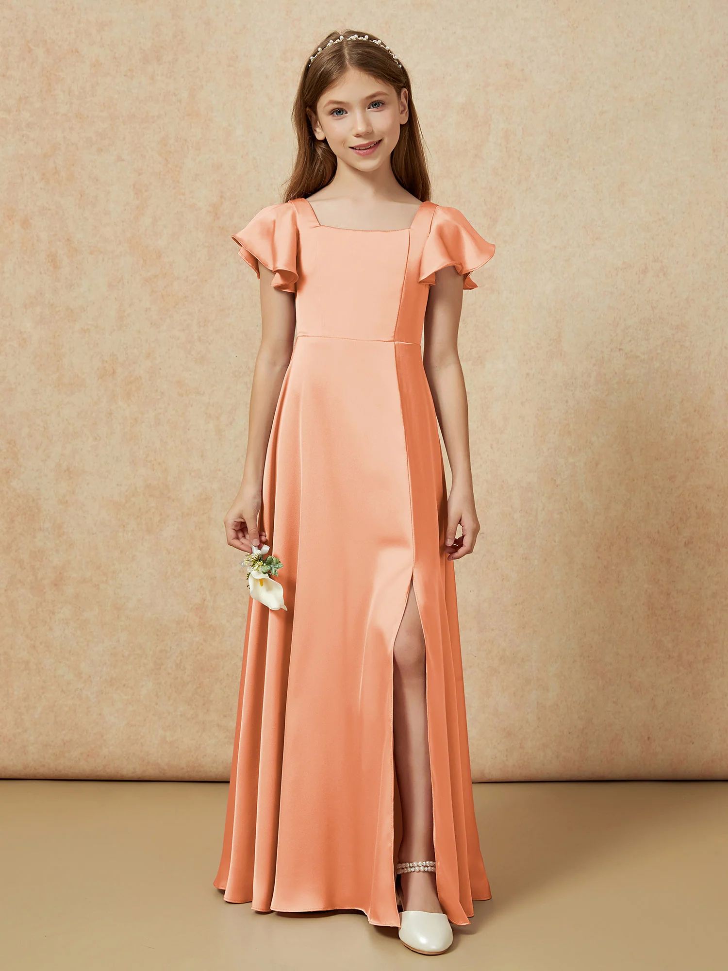 Square Neck Long Satin Junior Bridesmaid Dress Papaya