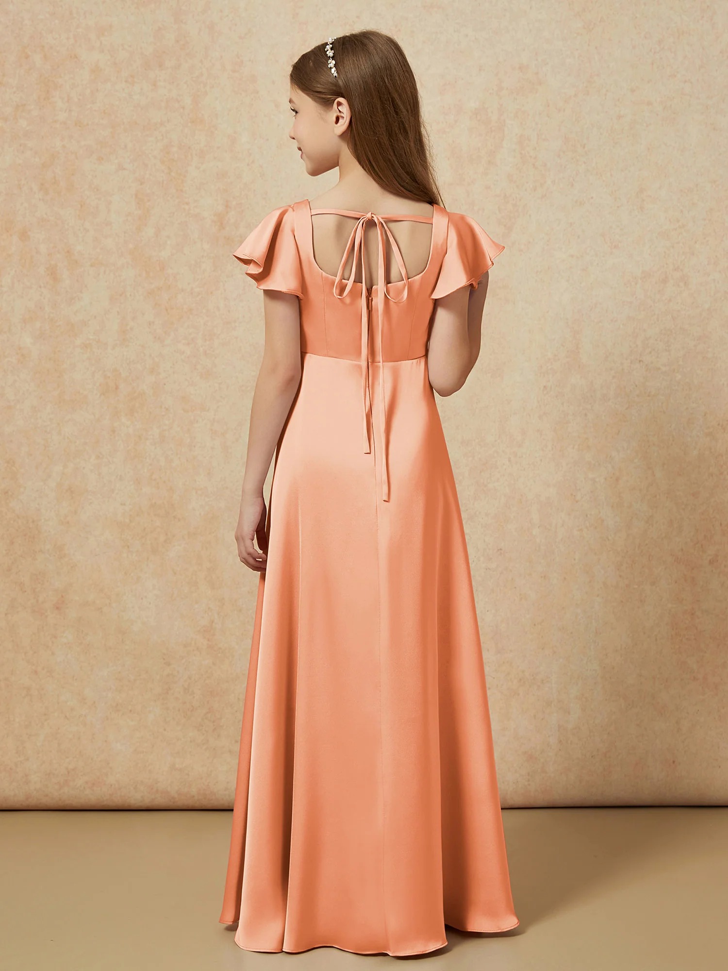 Square Neck Long Satin Junior Bridesmaid Dress Papaya - Image 2