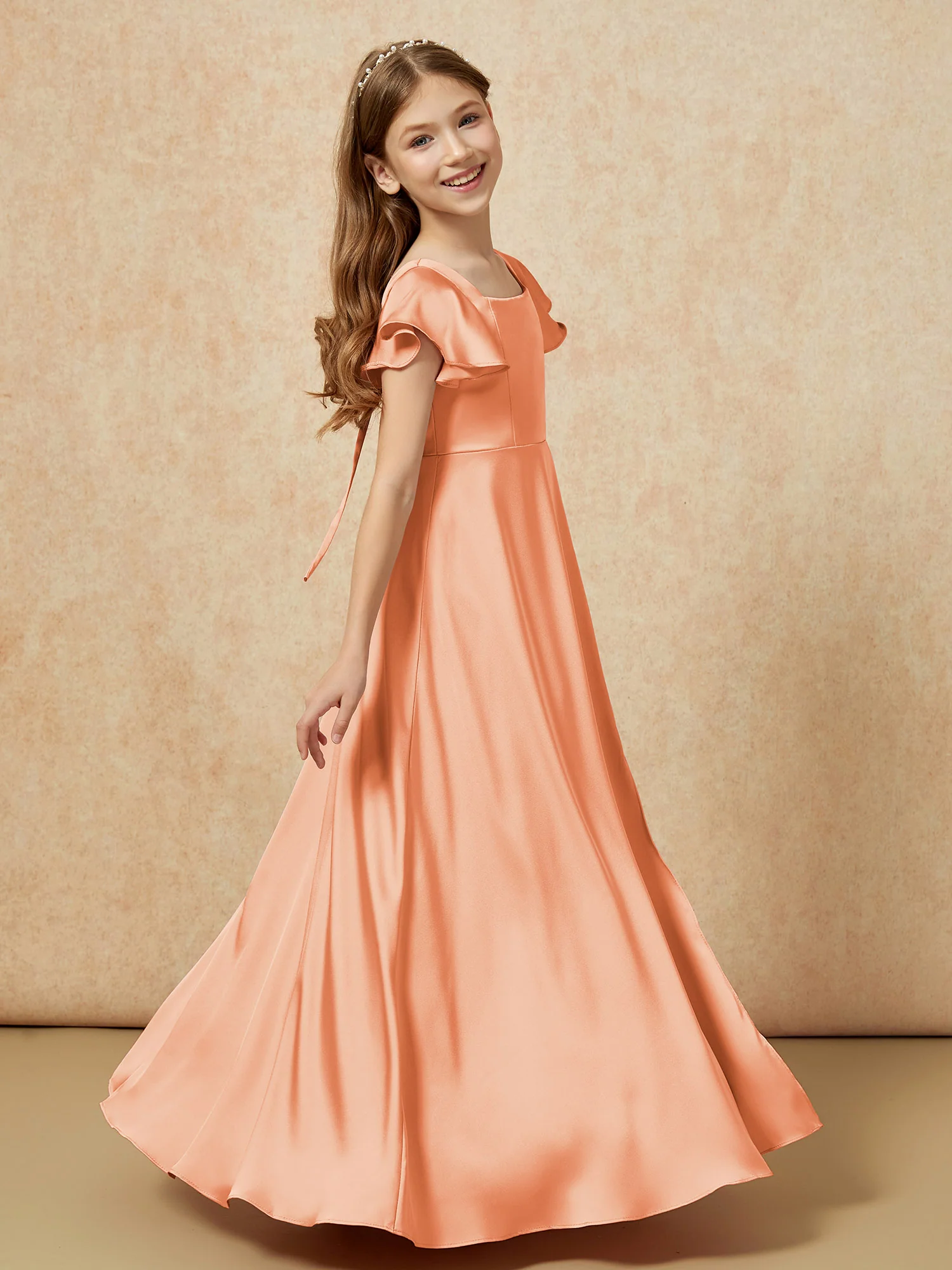 Square Neck Long Satin Junior Bridesmaid Dress Papaya - Image 3