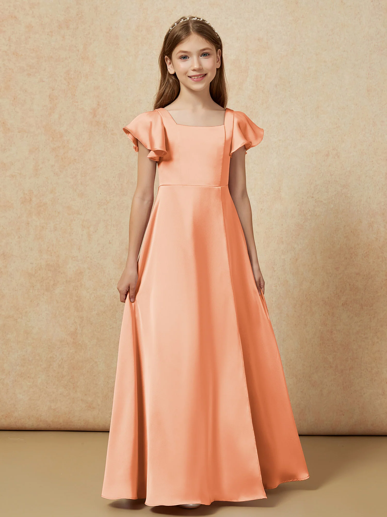 Square Neck Long Satin Junior Bridesmaid Dress Papaya - Image 4