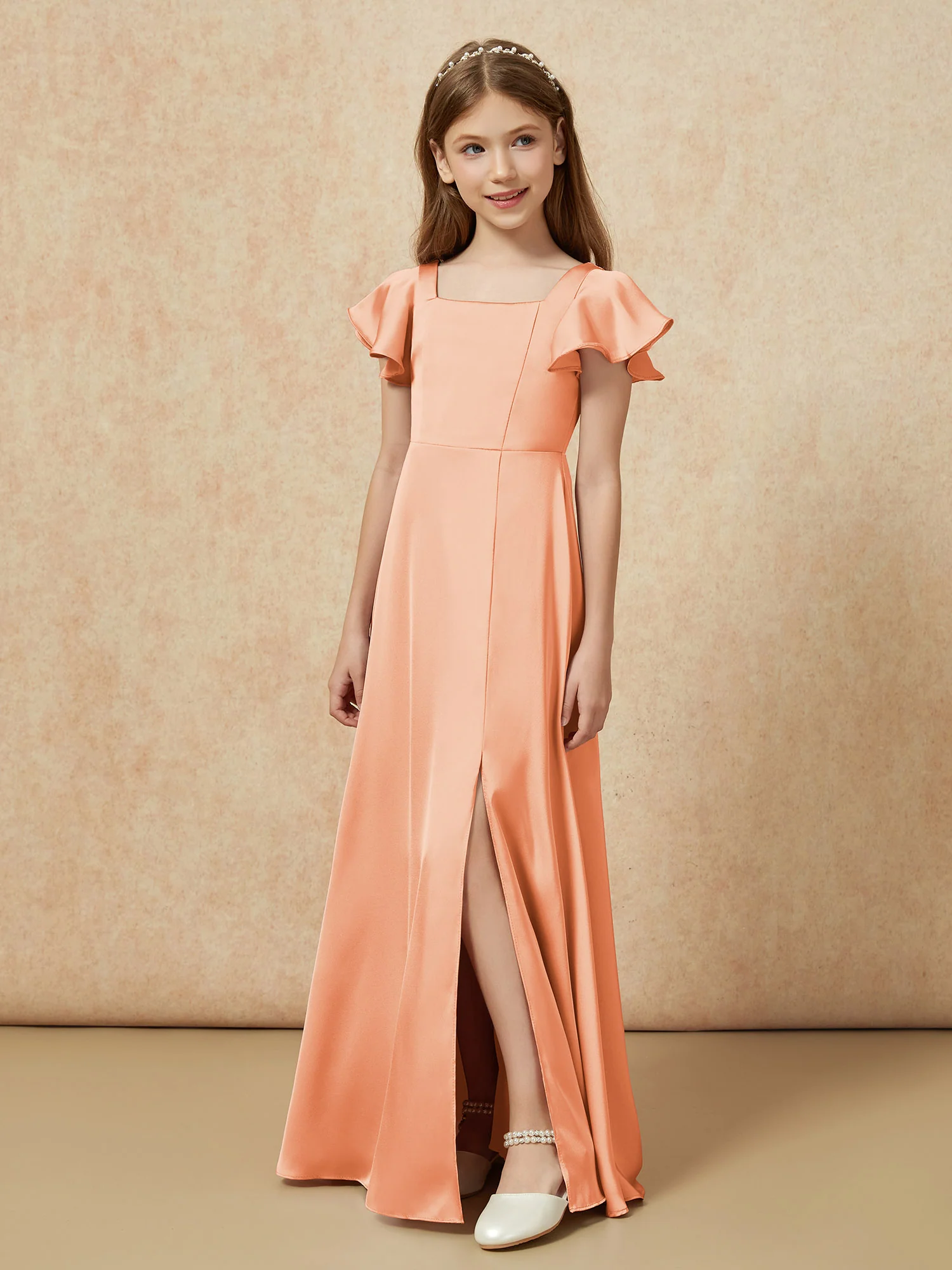 Square Neck Long Satin Junior Bridesmaid Dress Papaya - Image 5