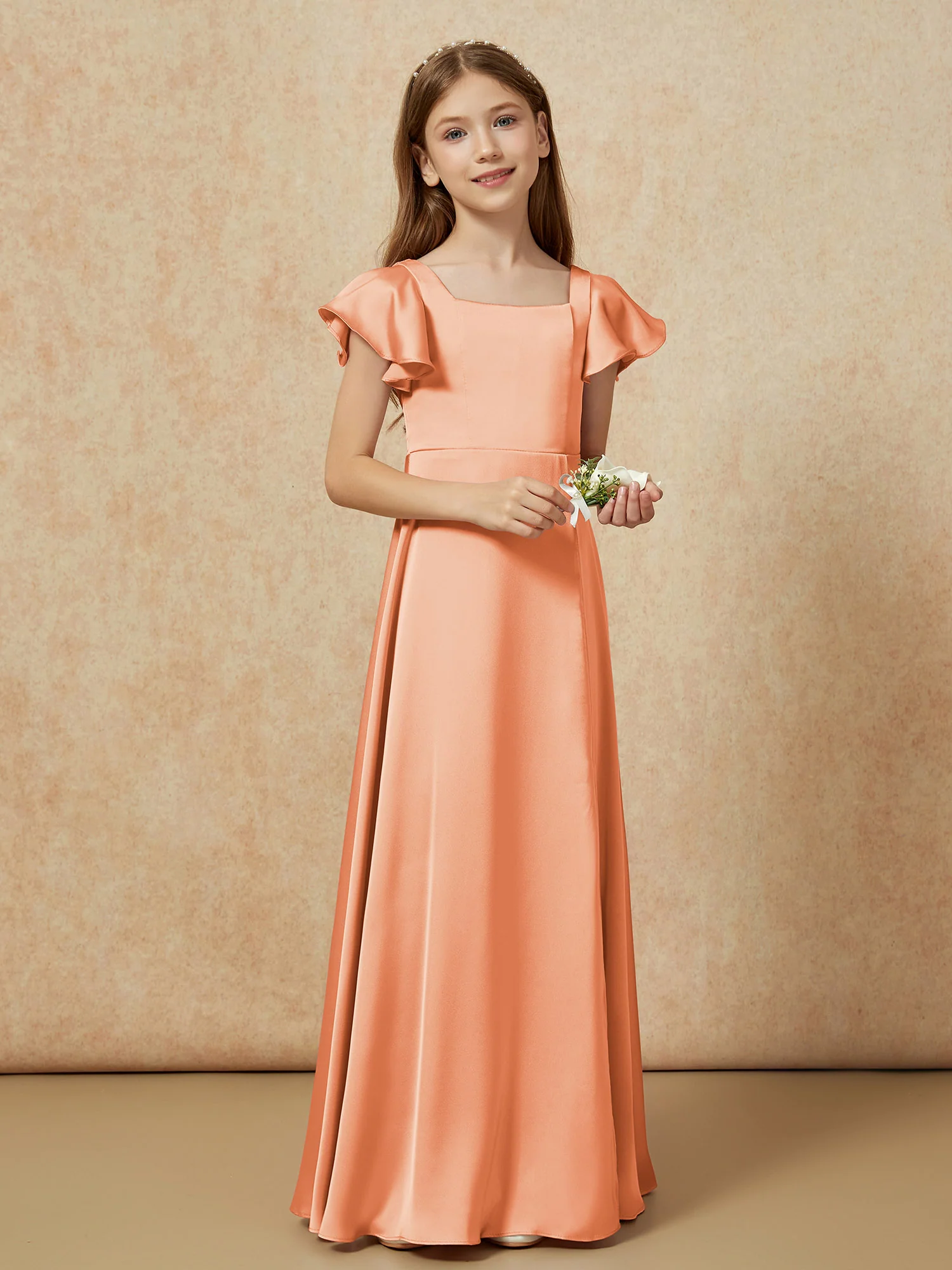 Square Neck Long Satin Junior Bridesmaid Dress Papaya - Image 6