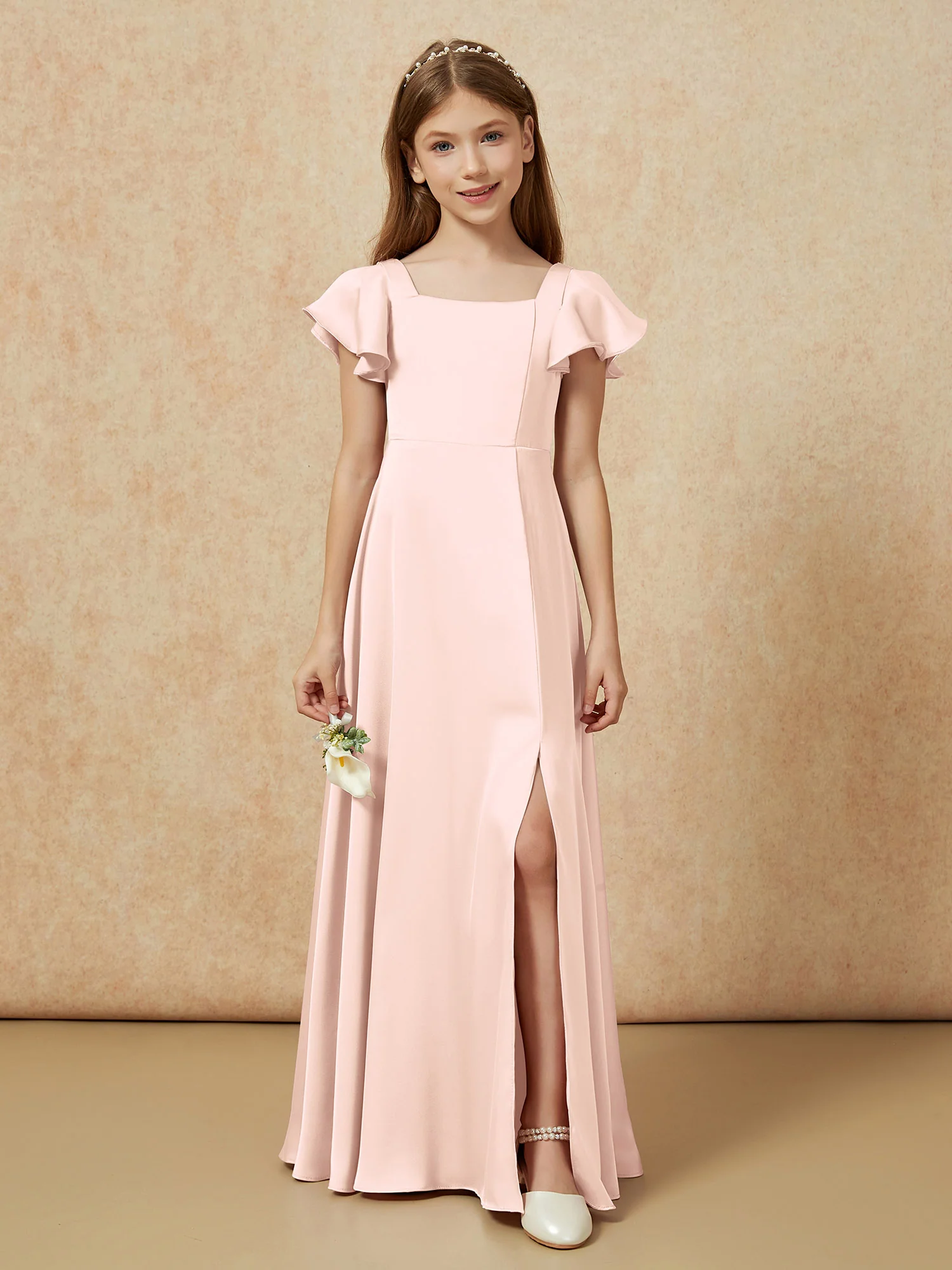 Square Neck Long Satin Junior Bridesmaid Dress Pearl Pink