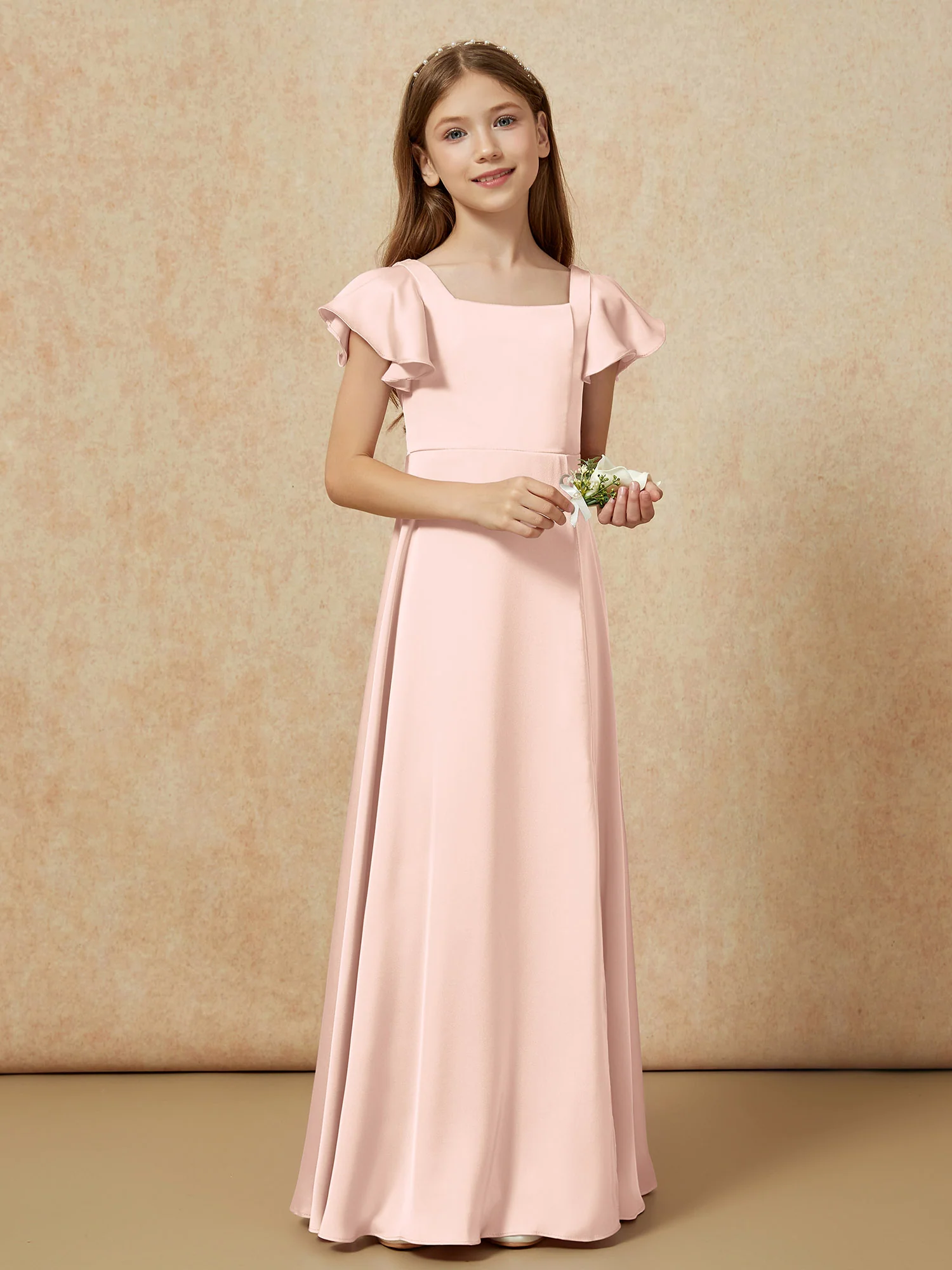 Square Neck Long Satin Junior Bridesmaid Dress Pearl Pink - Image 6