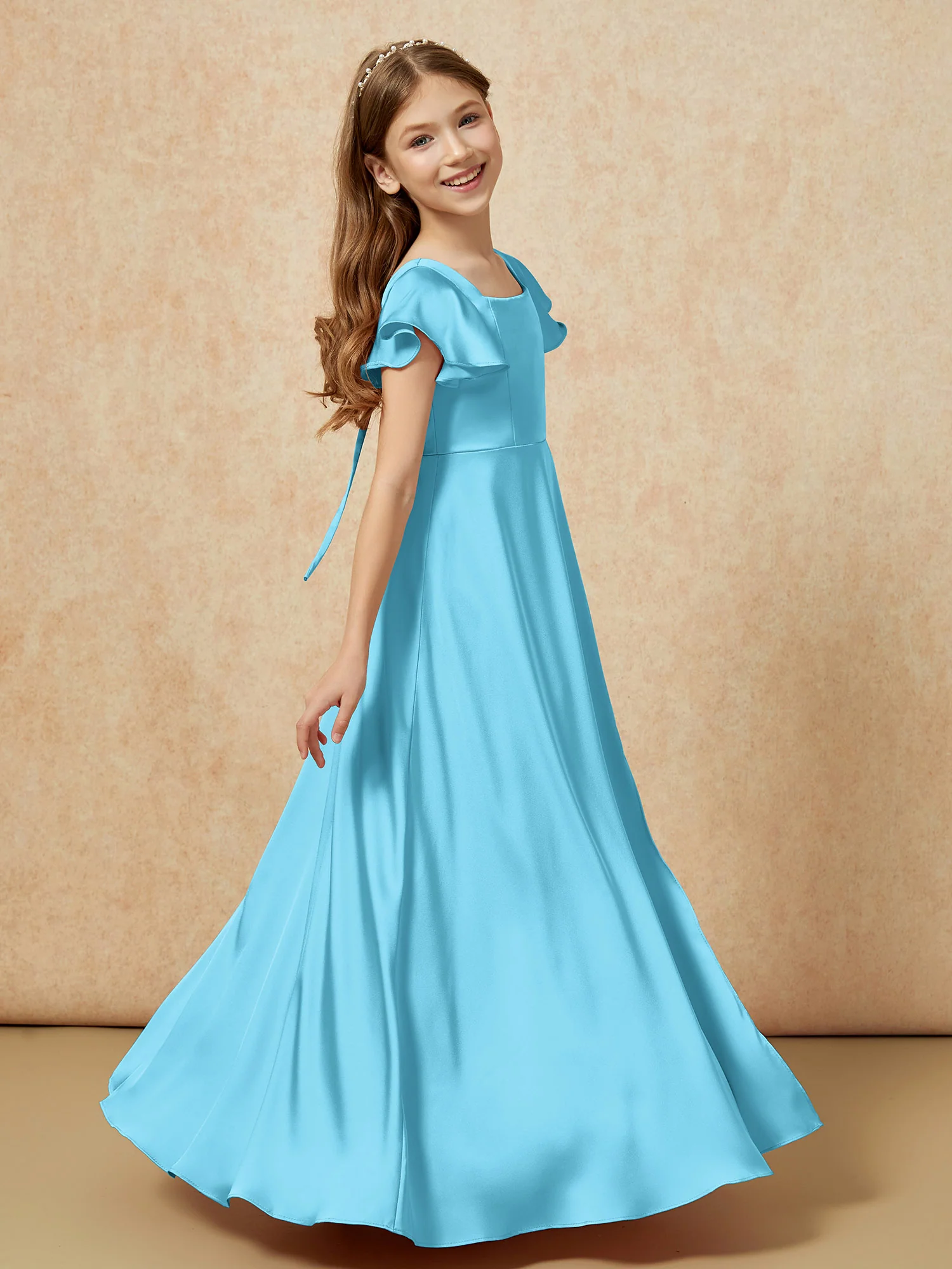 Square Neck Long Satin Junior Bridesmaid Dress Pool - Image 3