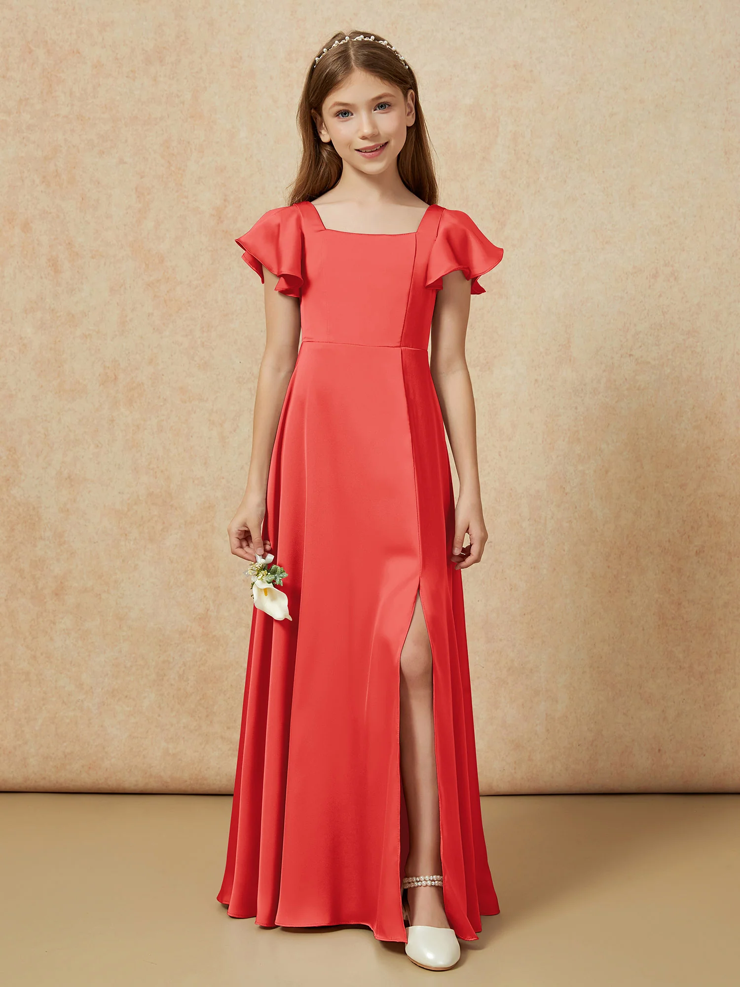 Square Neck Long Satin Junior Bridesmaid Dress Red