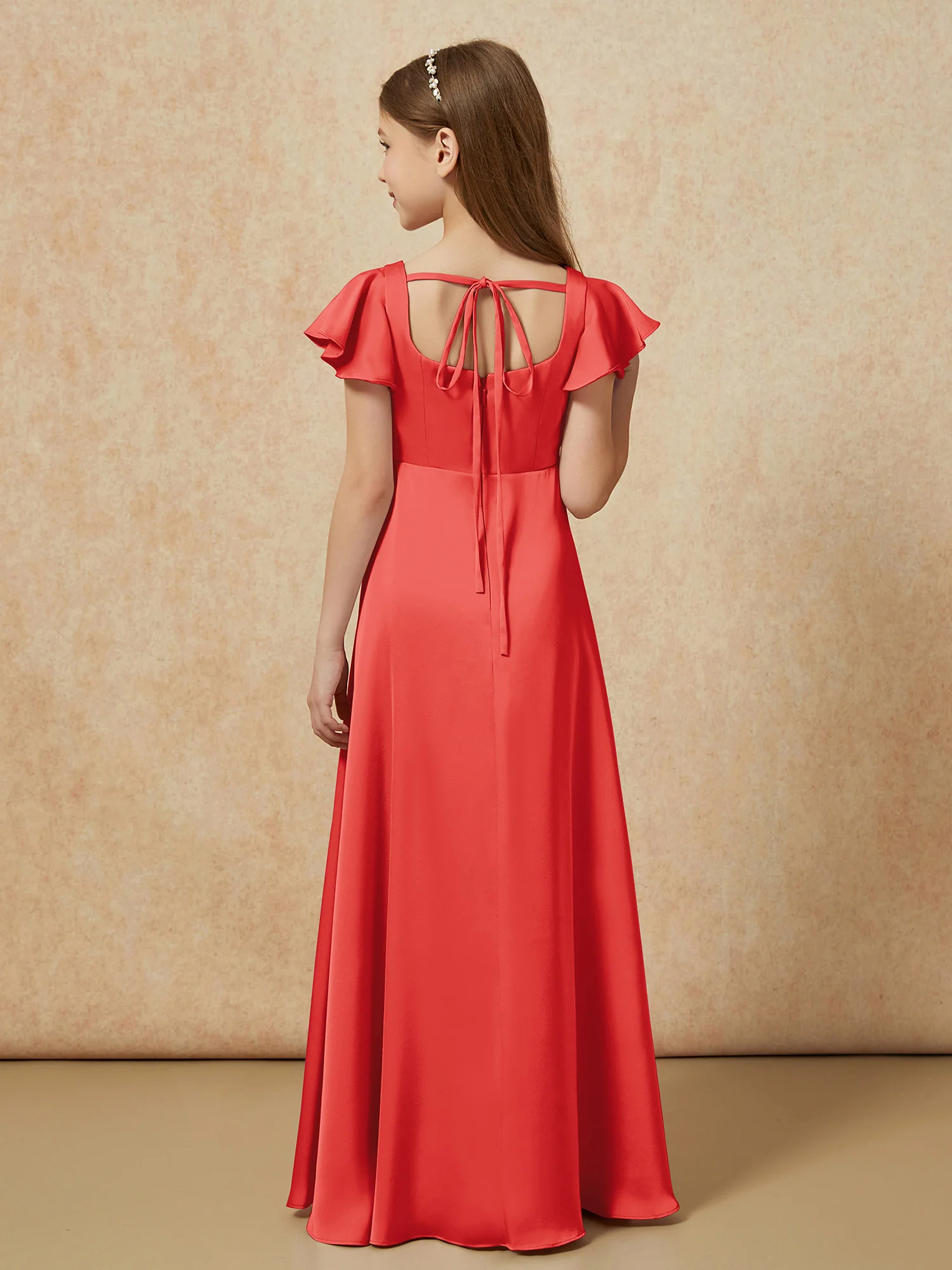 Square Neck Long Satin Junior Bridesmaid Dress Red - Image 2