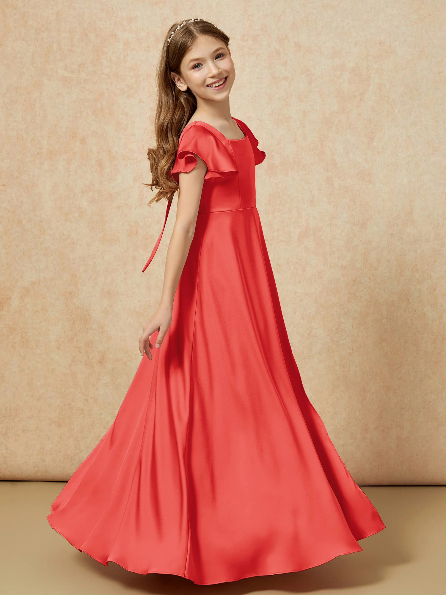 Square Neck Long Satin Junior Bridesmaid Dress Red - Image 3