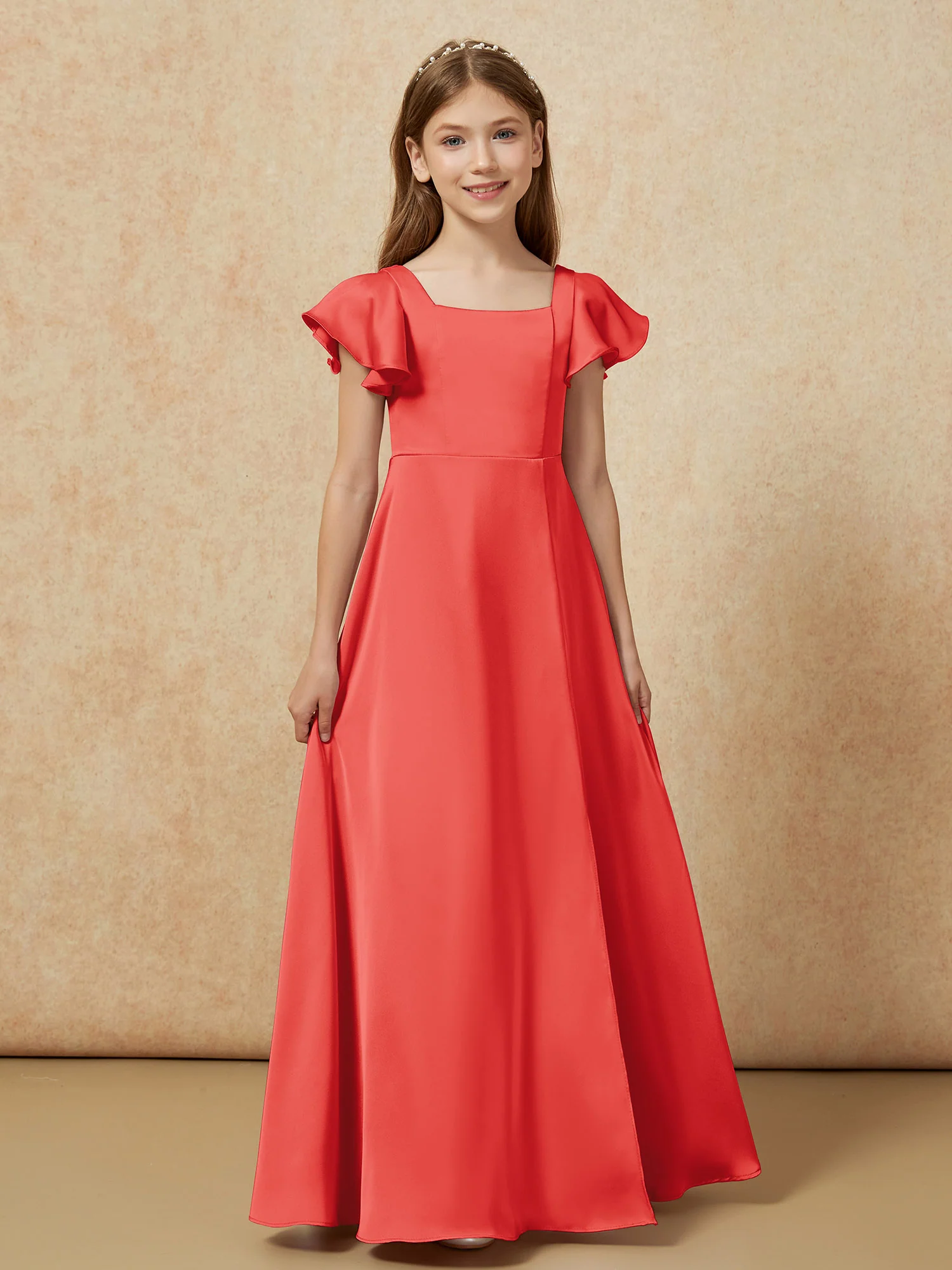 Square Neck Long Satin Junior Bridesmaid Dress Red - Image 4