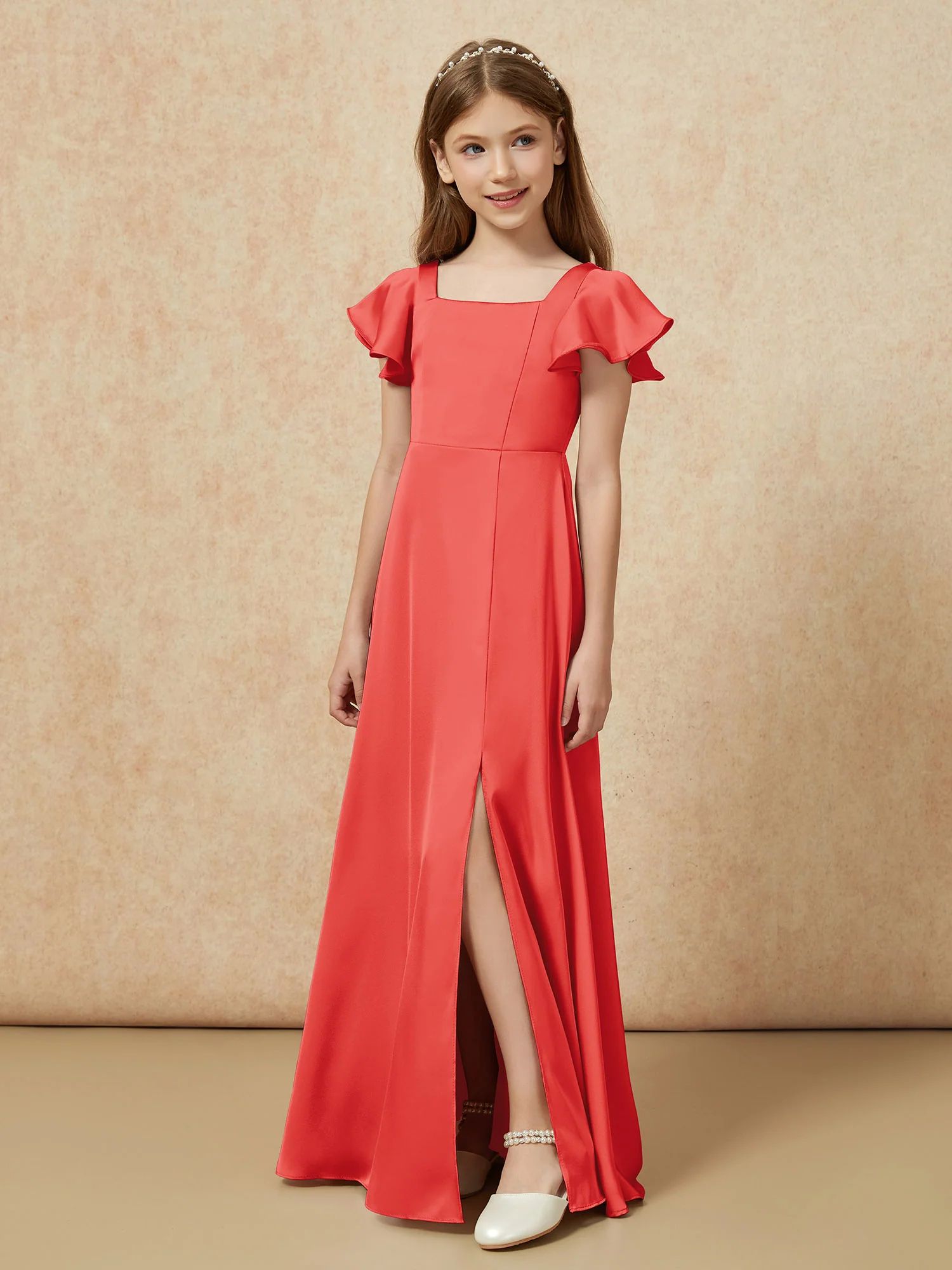 Square Neck Long Satin Junior Bridesmaid Dress Red - Image 5