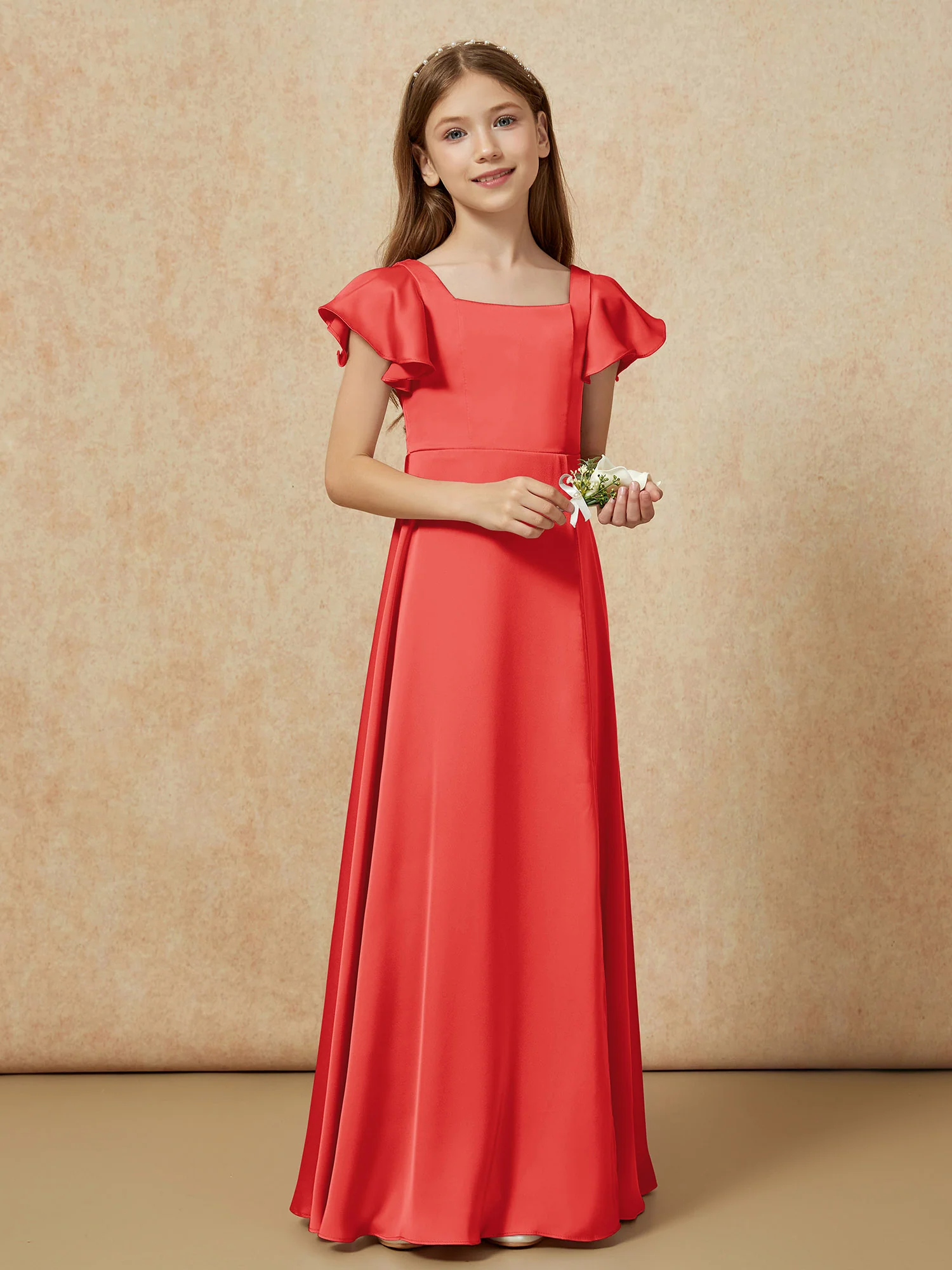 Square Neck Long Satin Junior Bridesmaid Dress Red - Image 6