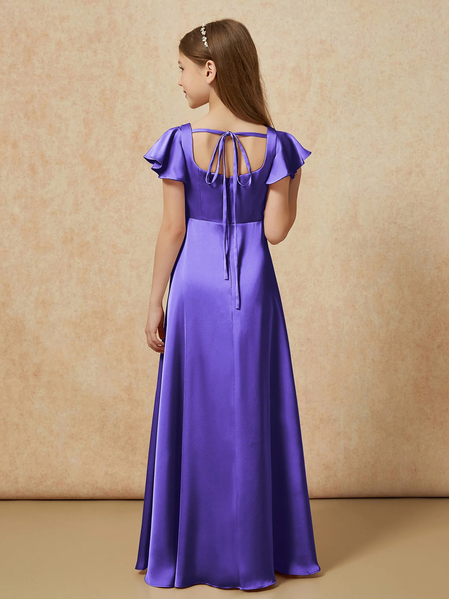 Square Neck Long Satin Junior Bridesmaid Dress Regency - Image 2