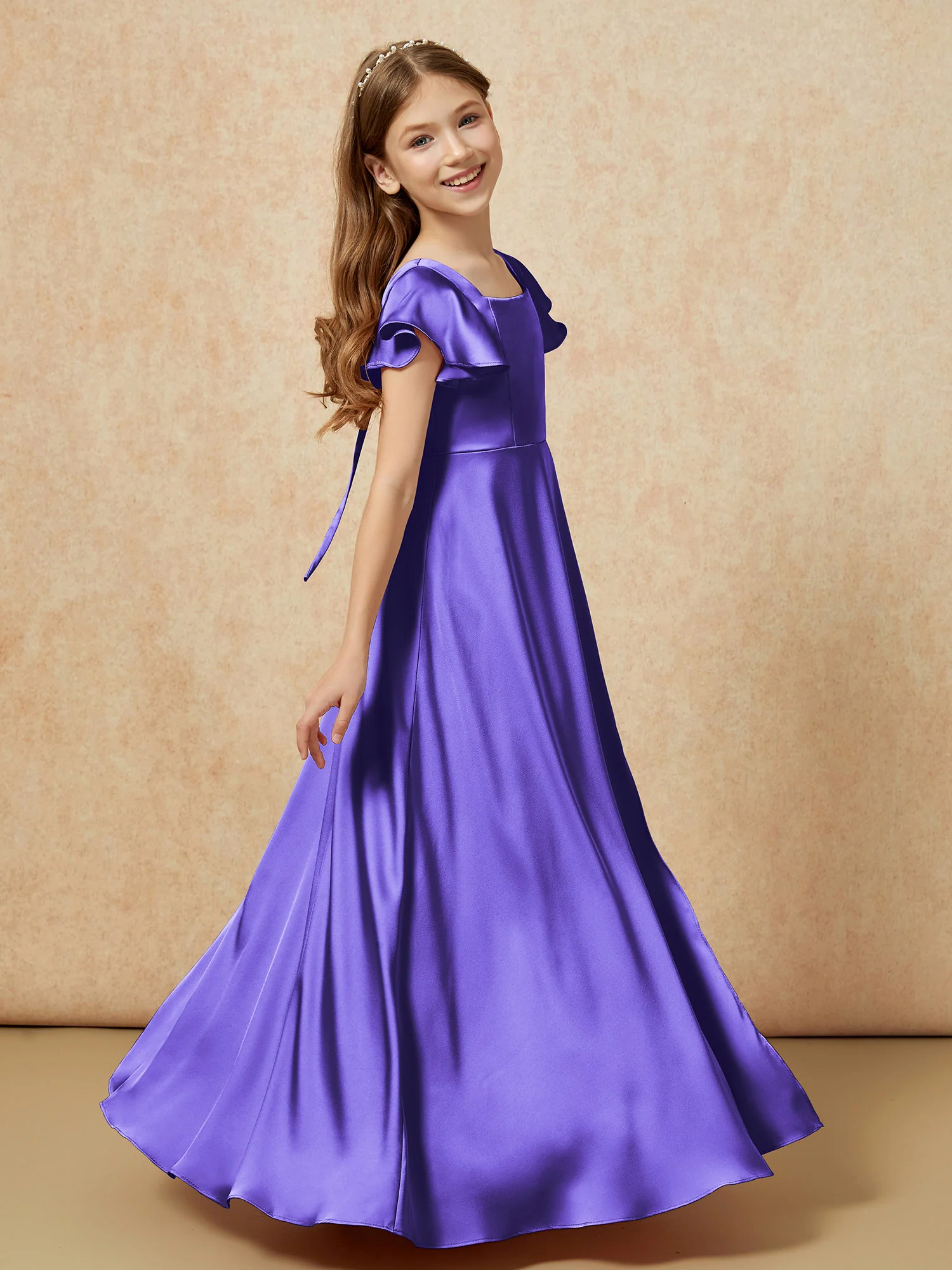 Square Neck Long Satin Junior Bridesmaid Dress Regency - Image 3
