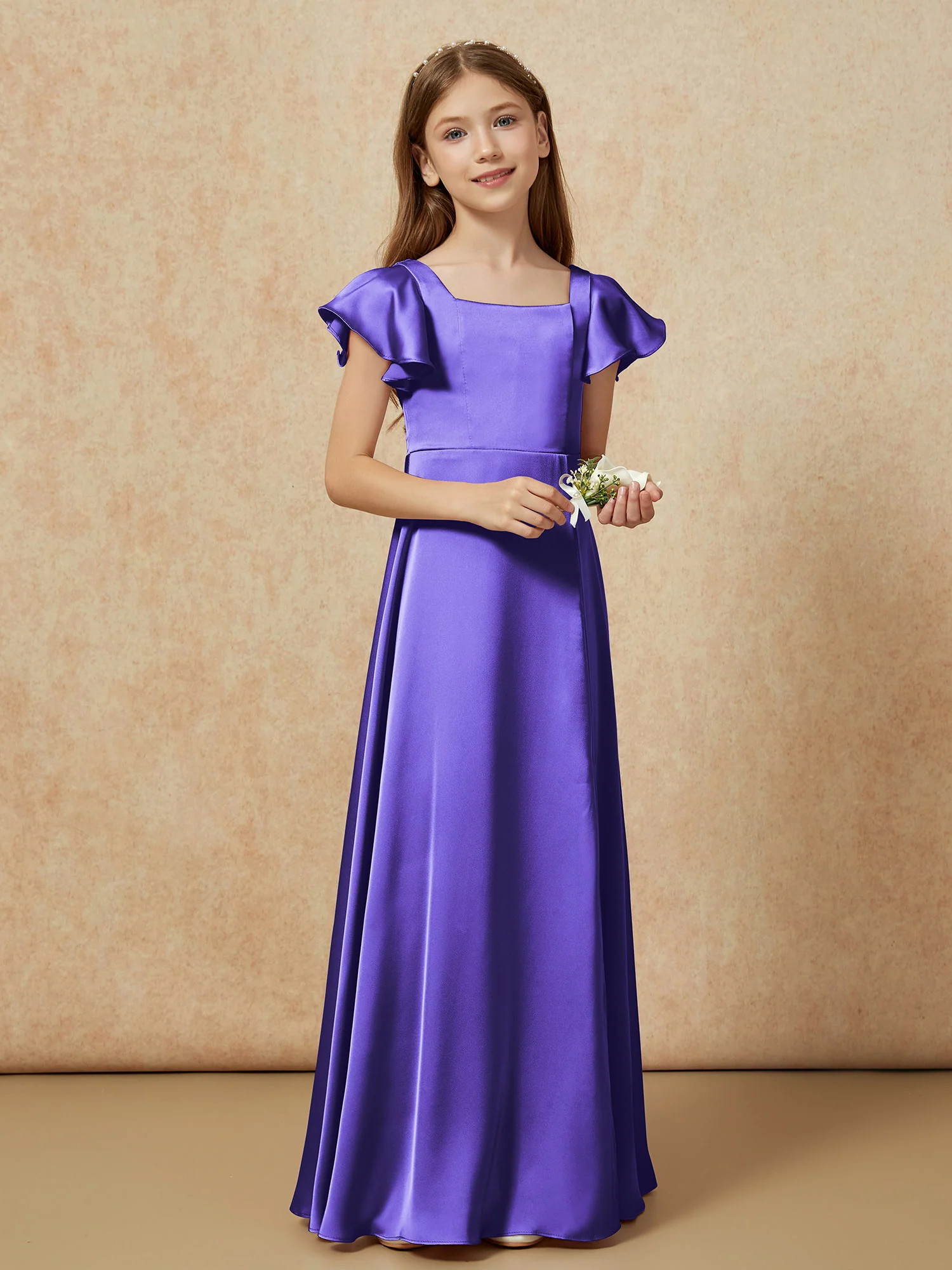 Square Neck Long Satin Junior Bridesmaid Dress Regency - Image 6