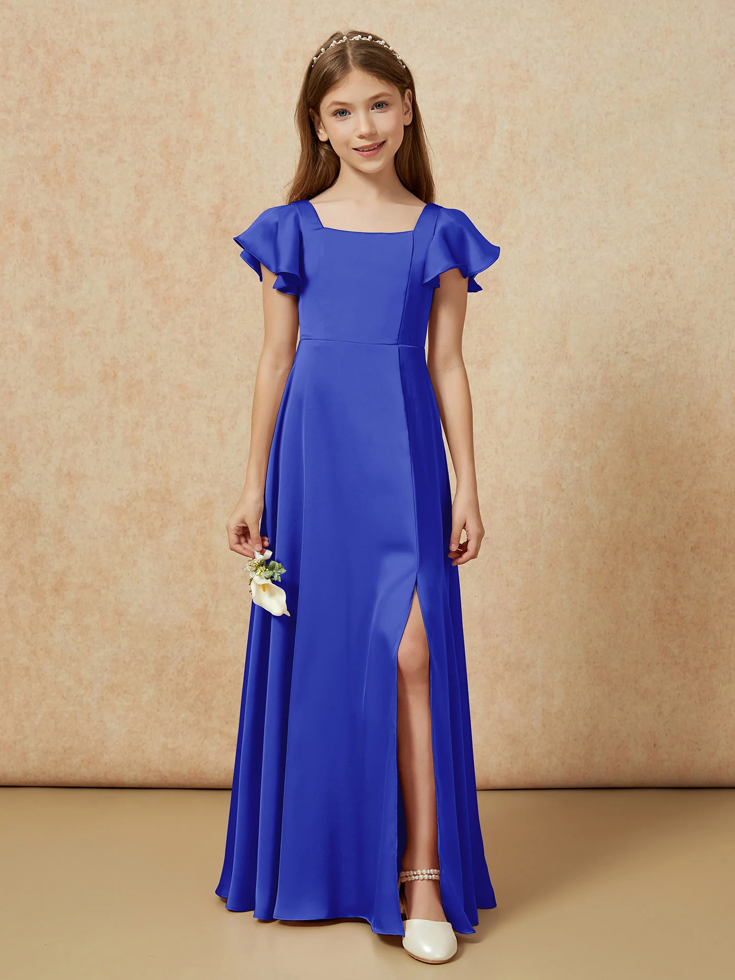 Square Neck Long Satin Junior Bridesmaid Dress Royal Blue