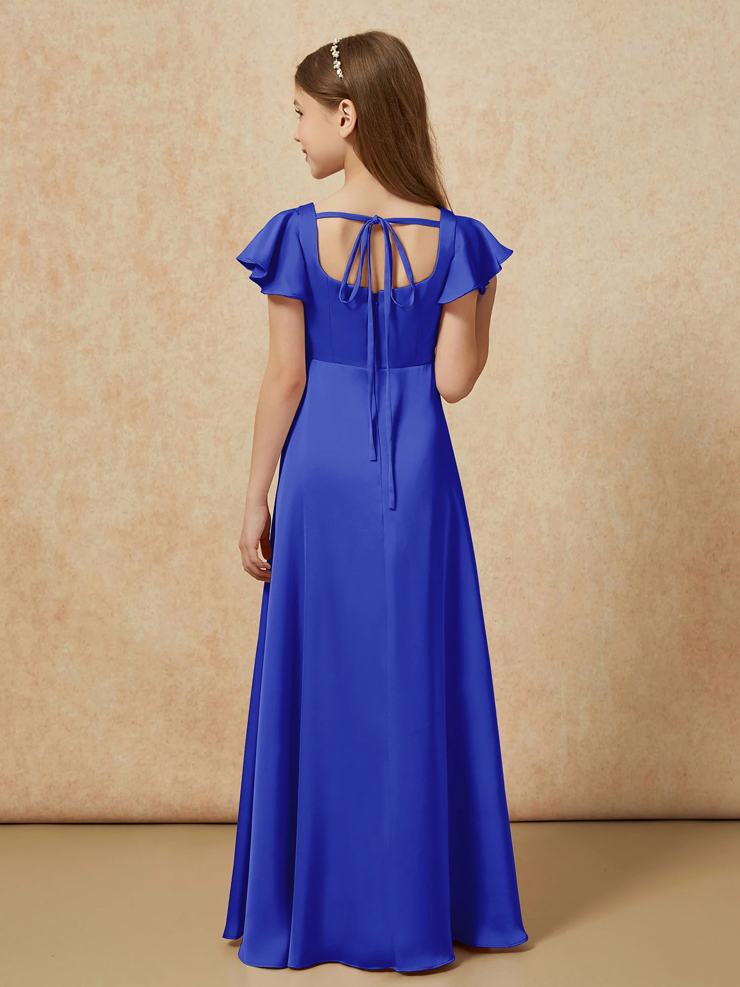 Square Neck Long Satin Junior Bridesmaid Dress Royal Blue - Image 2