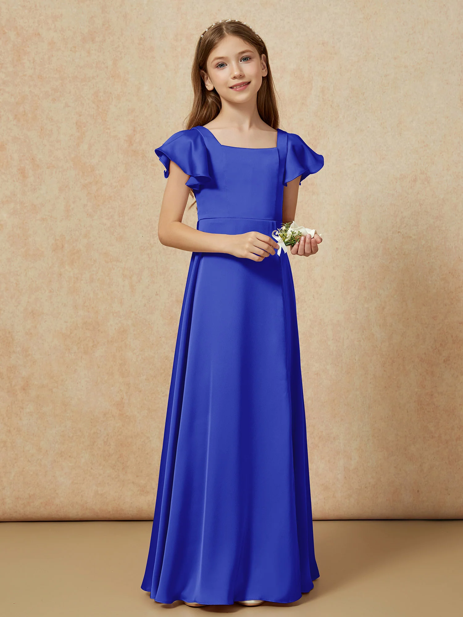 Square Neck Long Satin Junior Bridesmaid Dress Royal Blue - Image 6