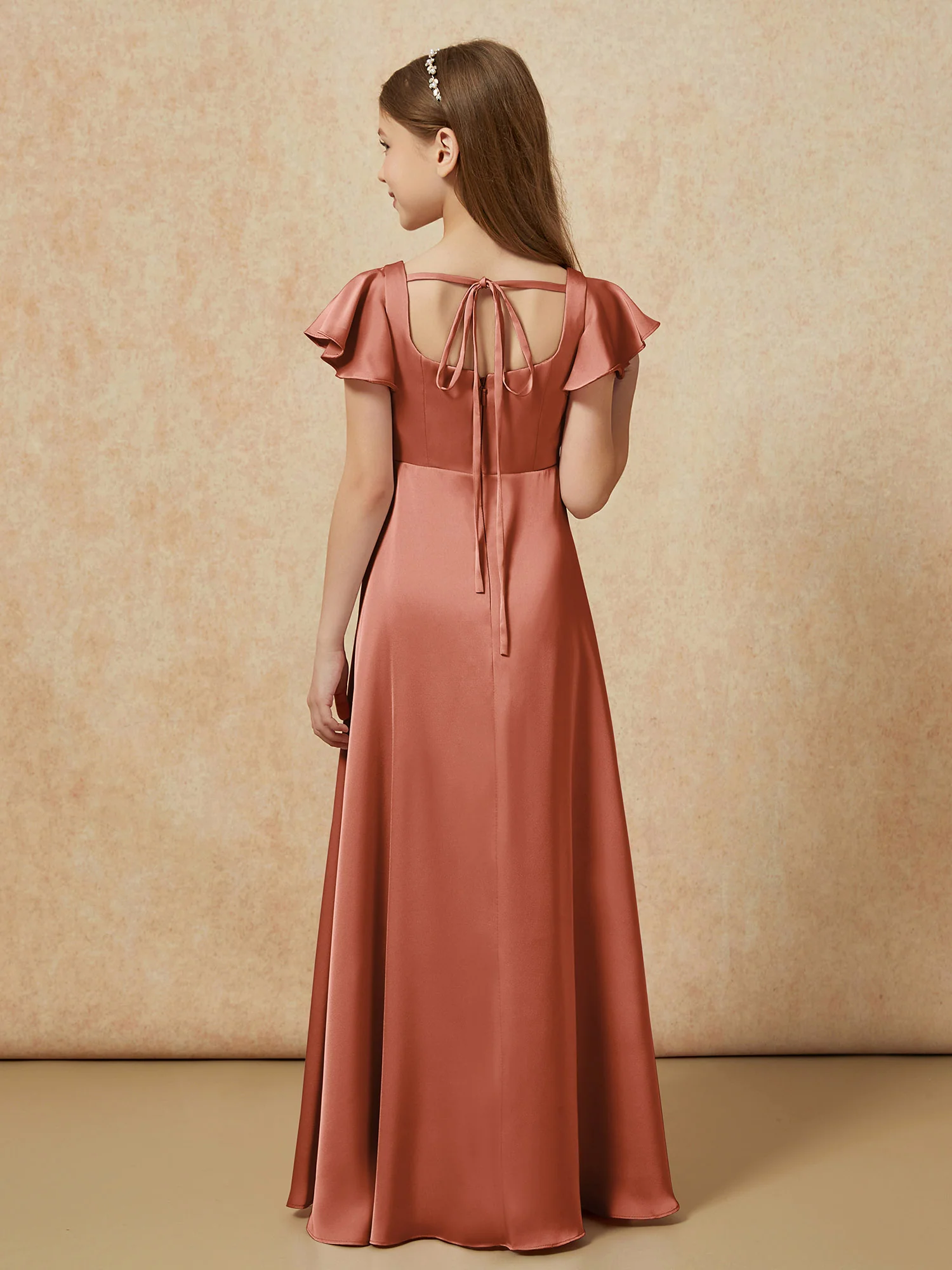 Square Neck Long Satin Junior Bridesmaid Dress Rust - Image 2