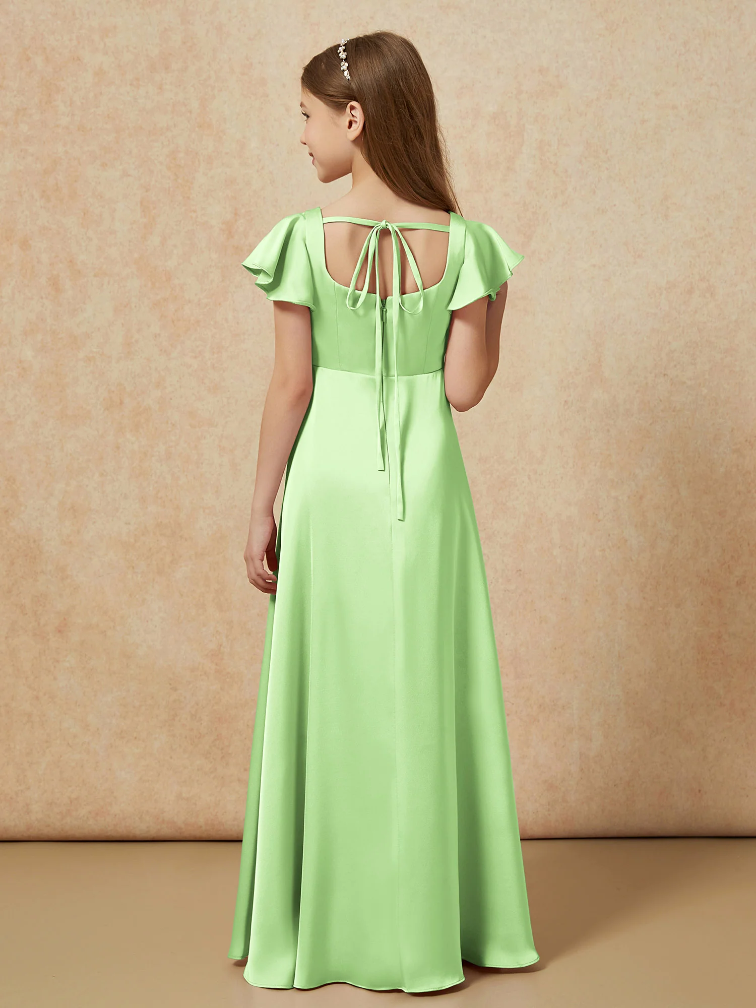 Square Neck Long Satin Junior Bridesmaid Dress Sage - Image 2