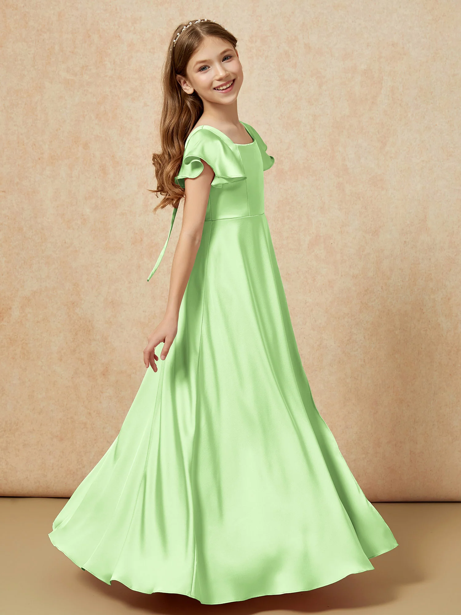 Square Neck Long Satin Junior Bridesmaid Dress Sage - Image 3