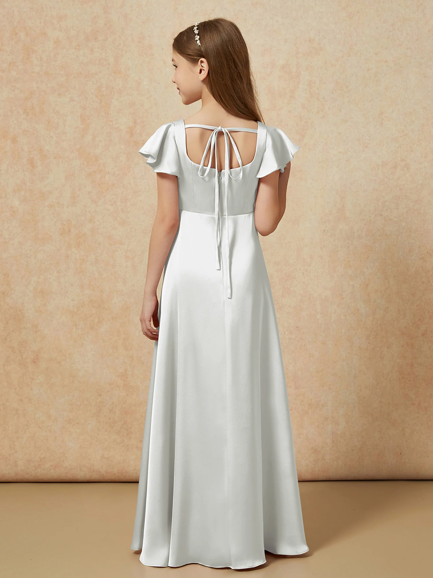 Square Neck Long Satin Junior Bridesmaid Dress Silver - Image 2