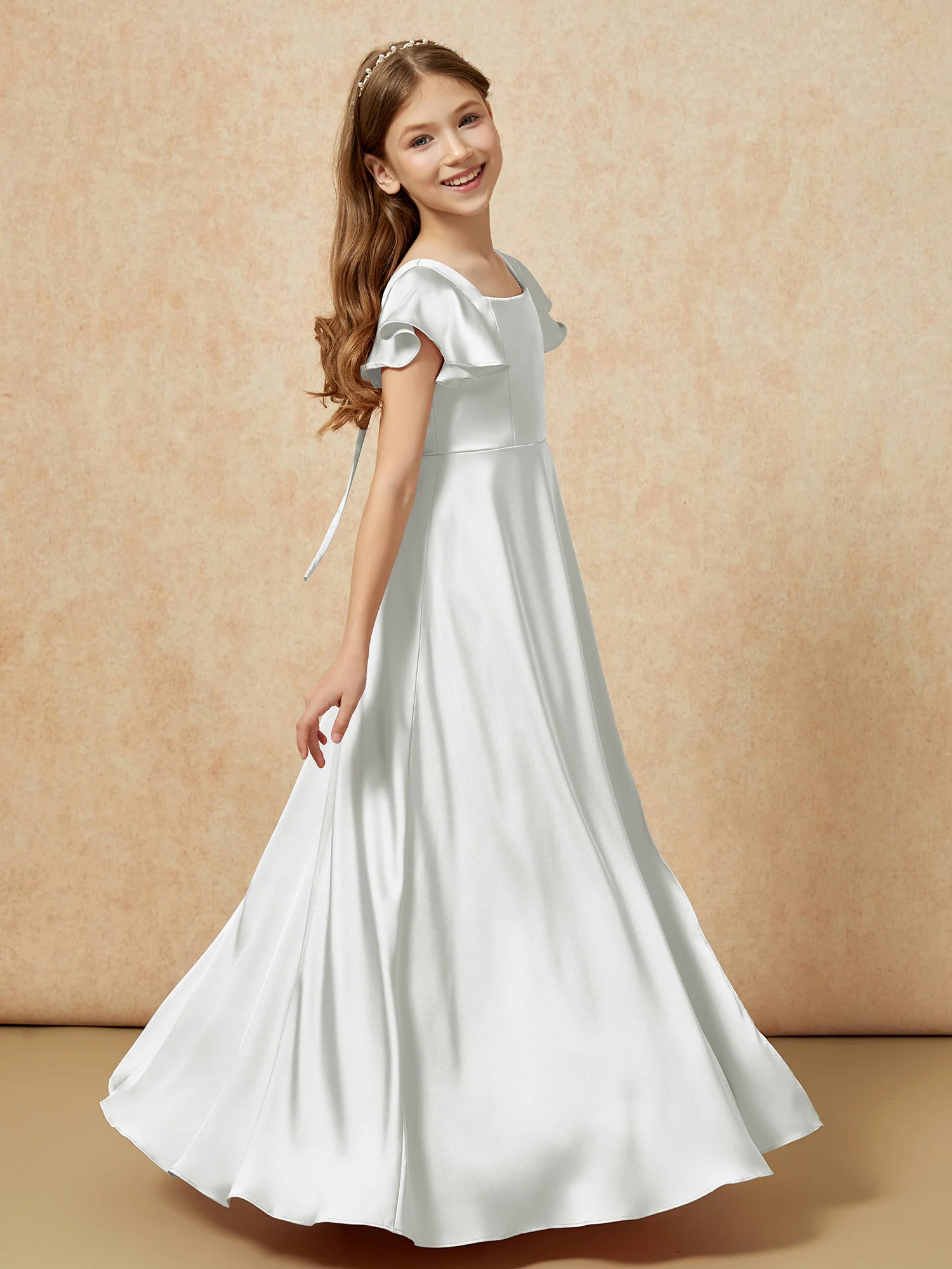 Square Neck Long Satin Junior Bridesmaid Dress Silver - Image 3