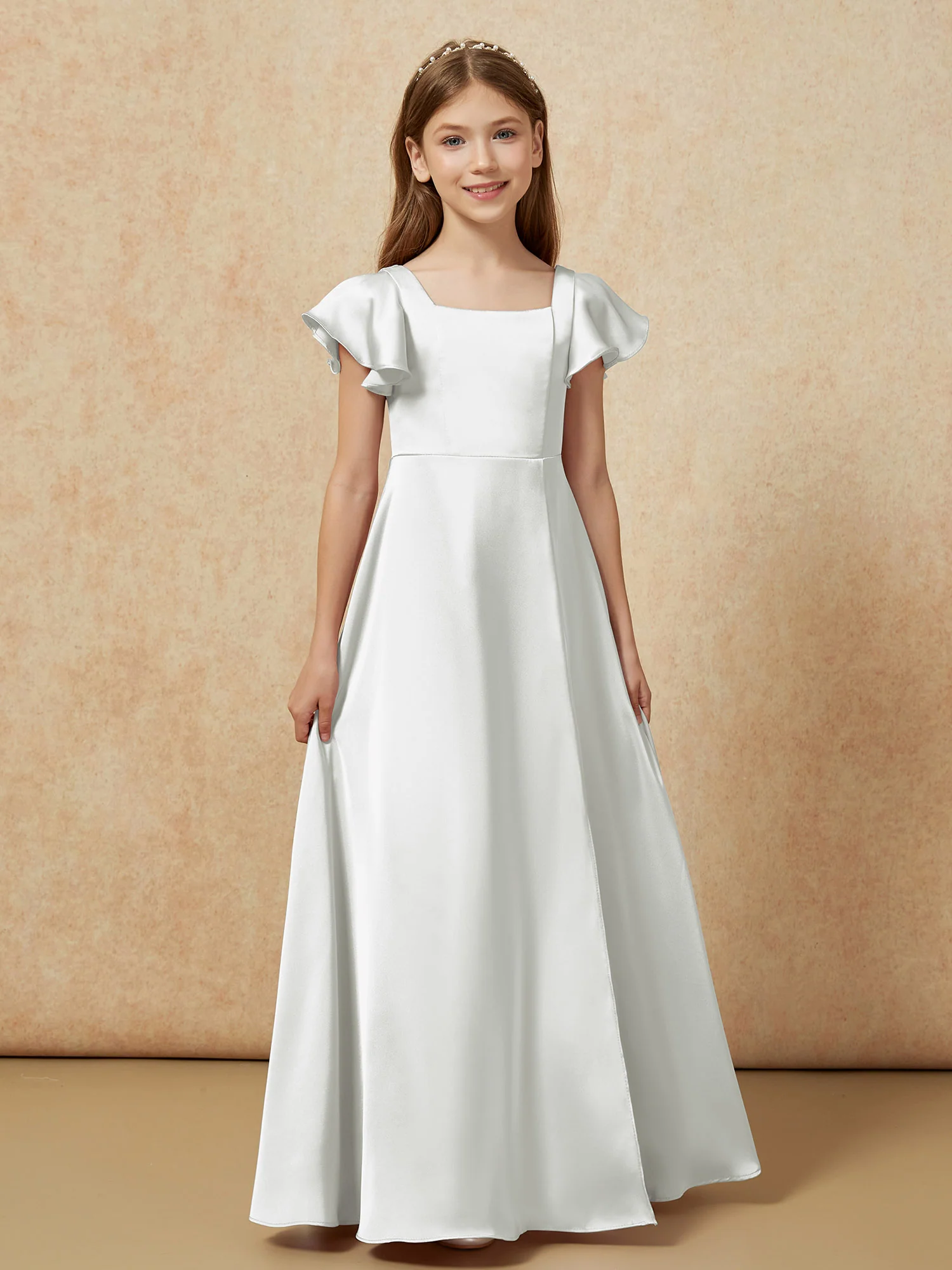 Square Neck Long Satin Junior Bridesmaid Dress Silver - Image 4