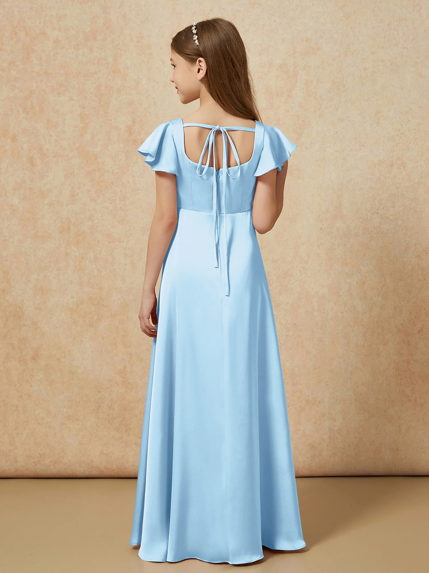 Square Neck Long Satin Junior Bridesmaid Dress Sky Blue - Image 2