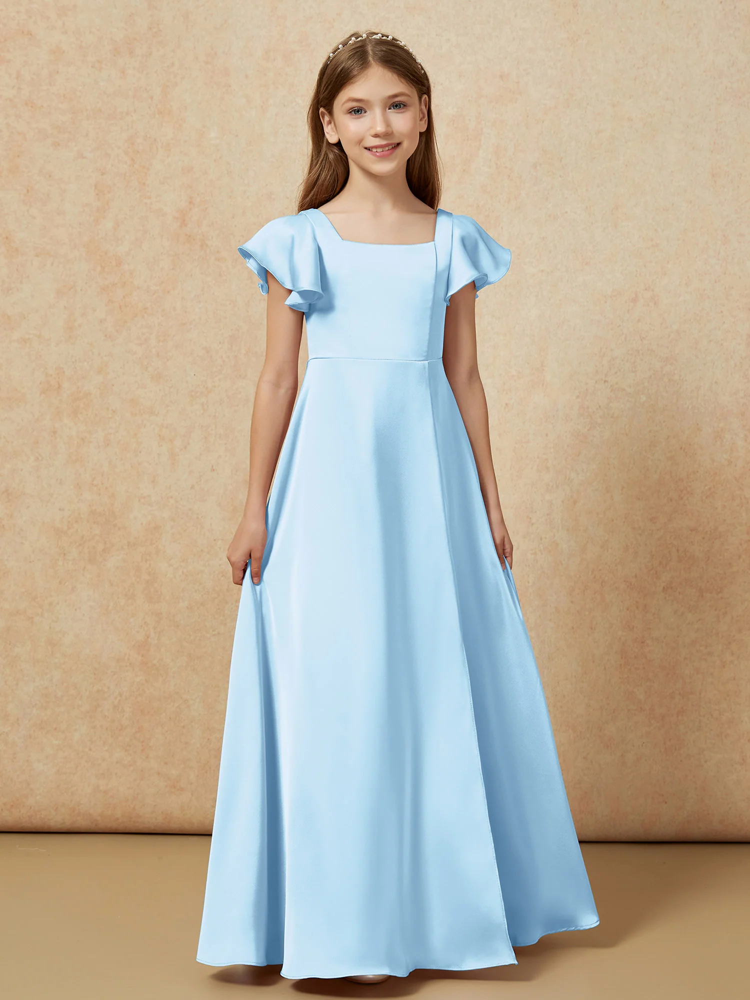 Square Neck Long Satin Junior Bridesmaid Dress Sky Blue - Image 4
