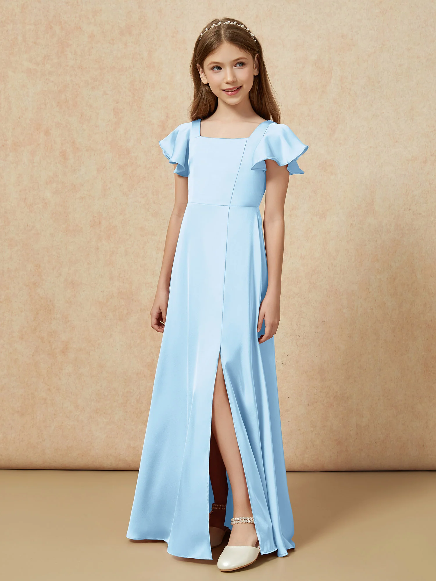 Square Neck Long Satin Junior Bridesmaid Dress Sky Blue - Image 5