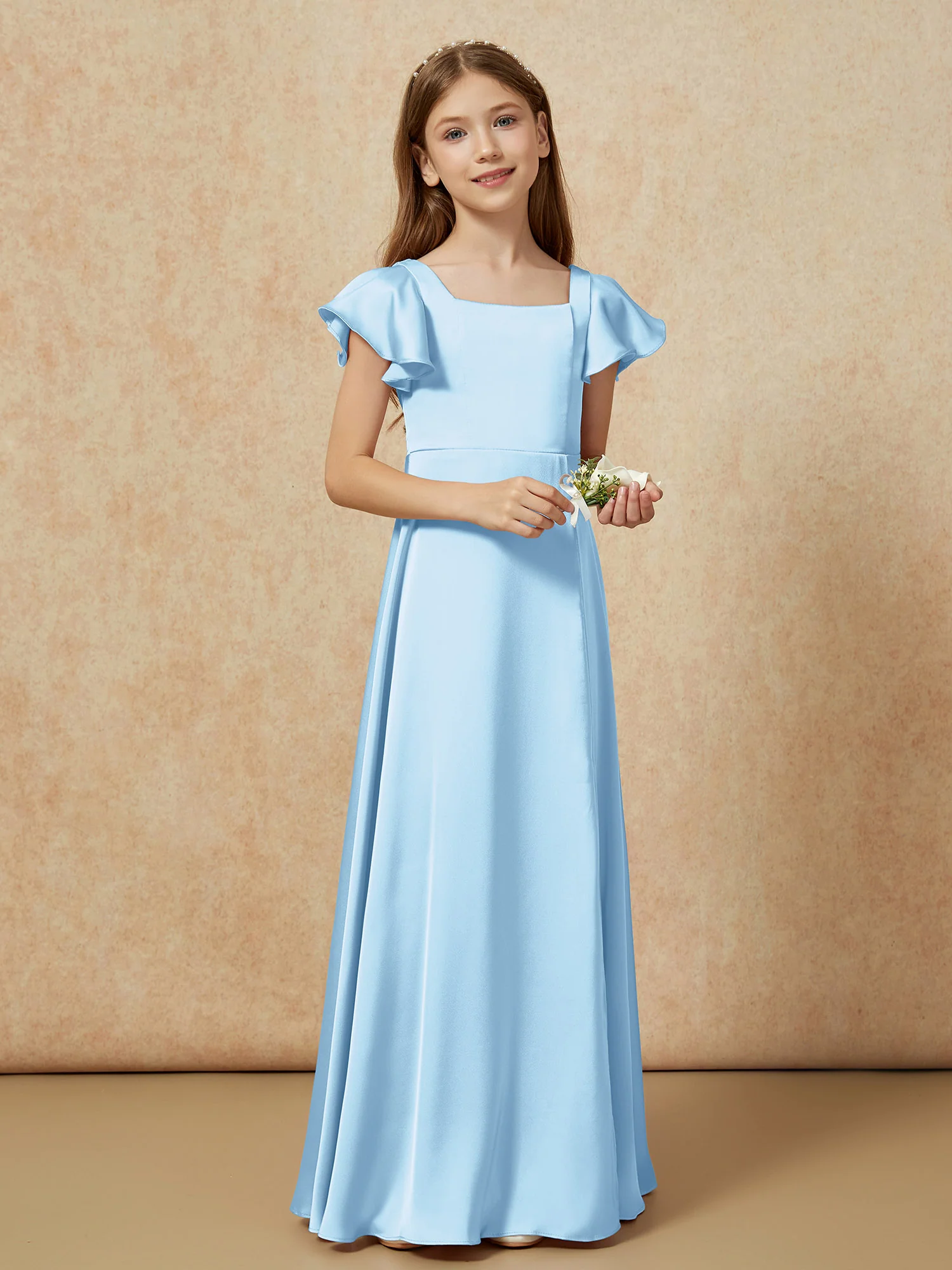 Square Neck Long Satin Junior Bridesmaid Dress Sky Blue - Image 6