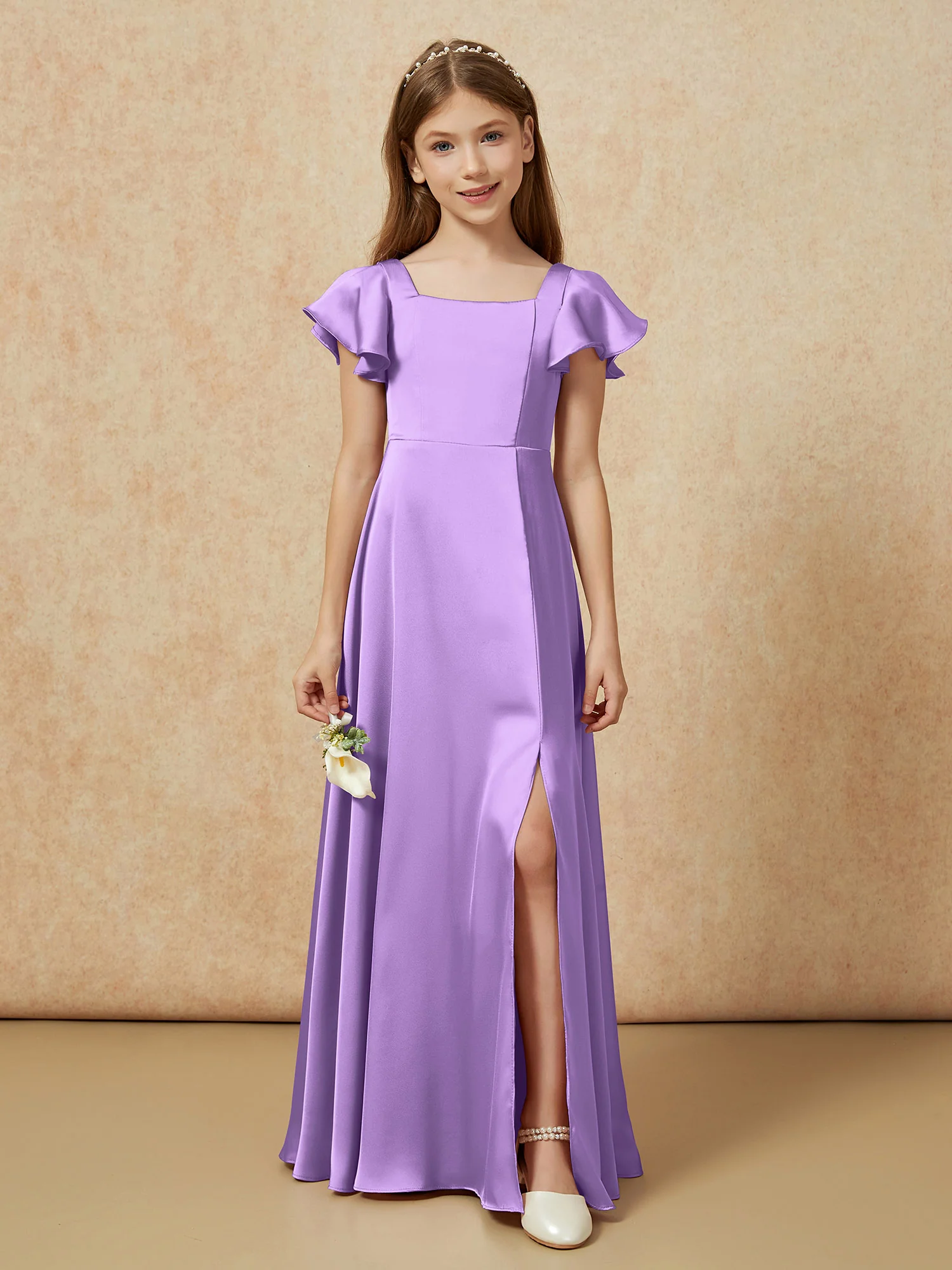 Square Neck Long Satin Junior Bridesmaid Dress Tahiti