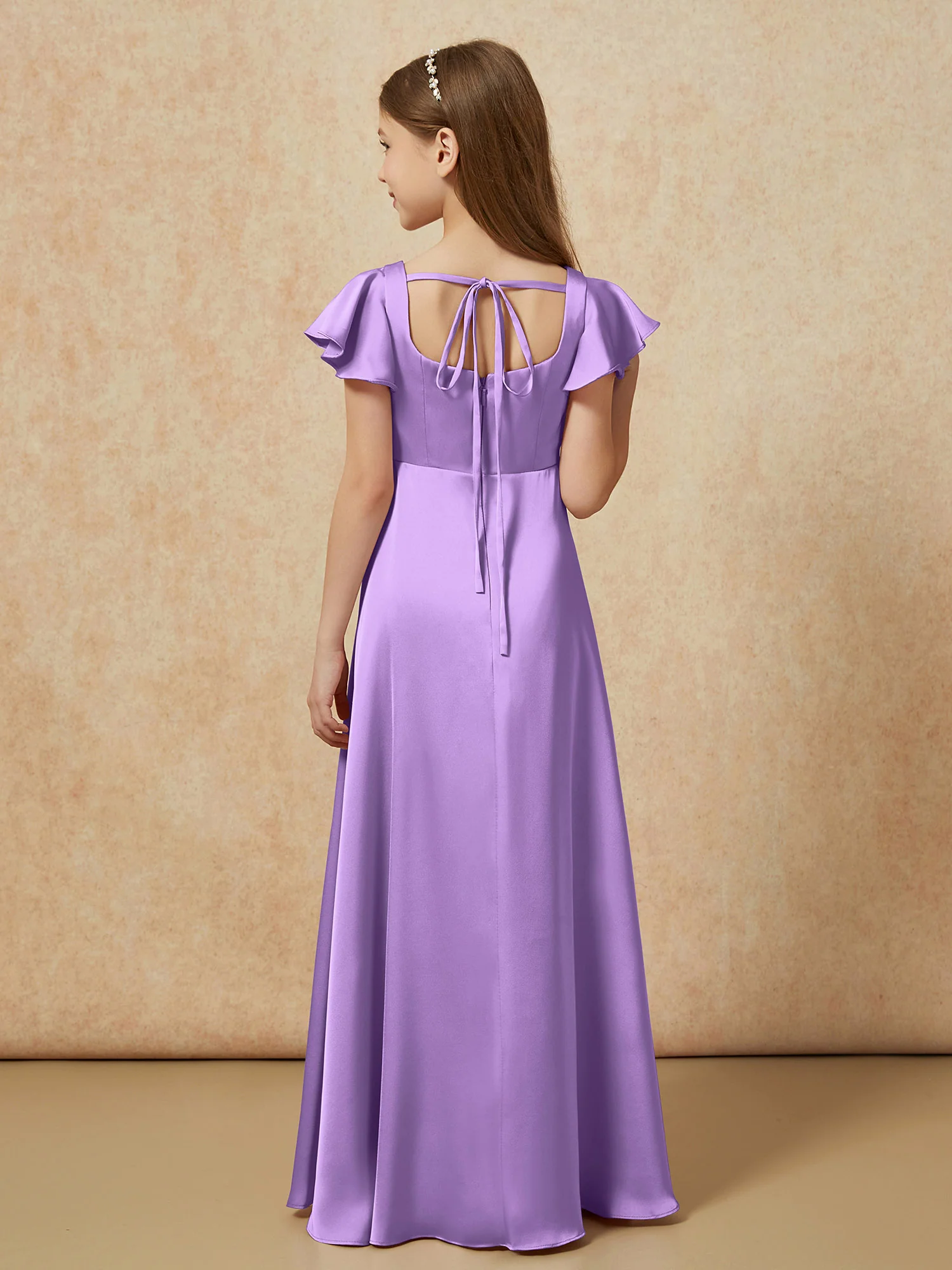 Square Neck Long Satin Junior Bridesmaid Dress Tahiti - Image 2