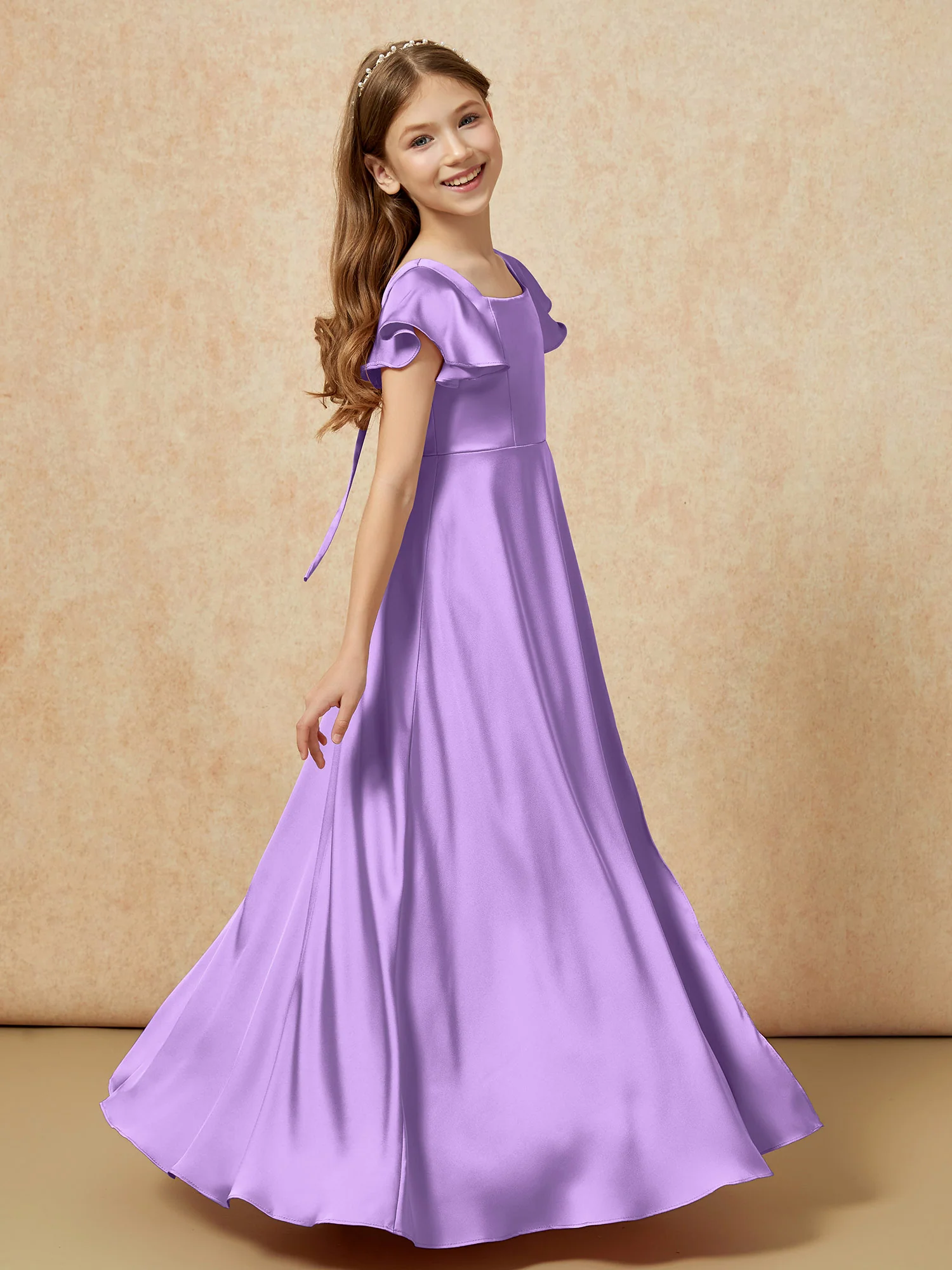 Square Neck Long Satin Junior Bridesmaid Dress Tahiti - Image 3