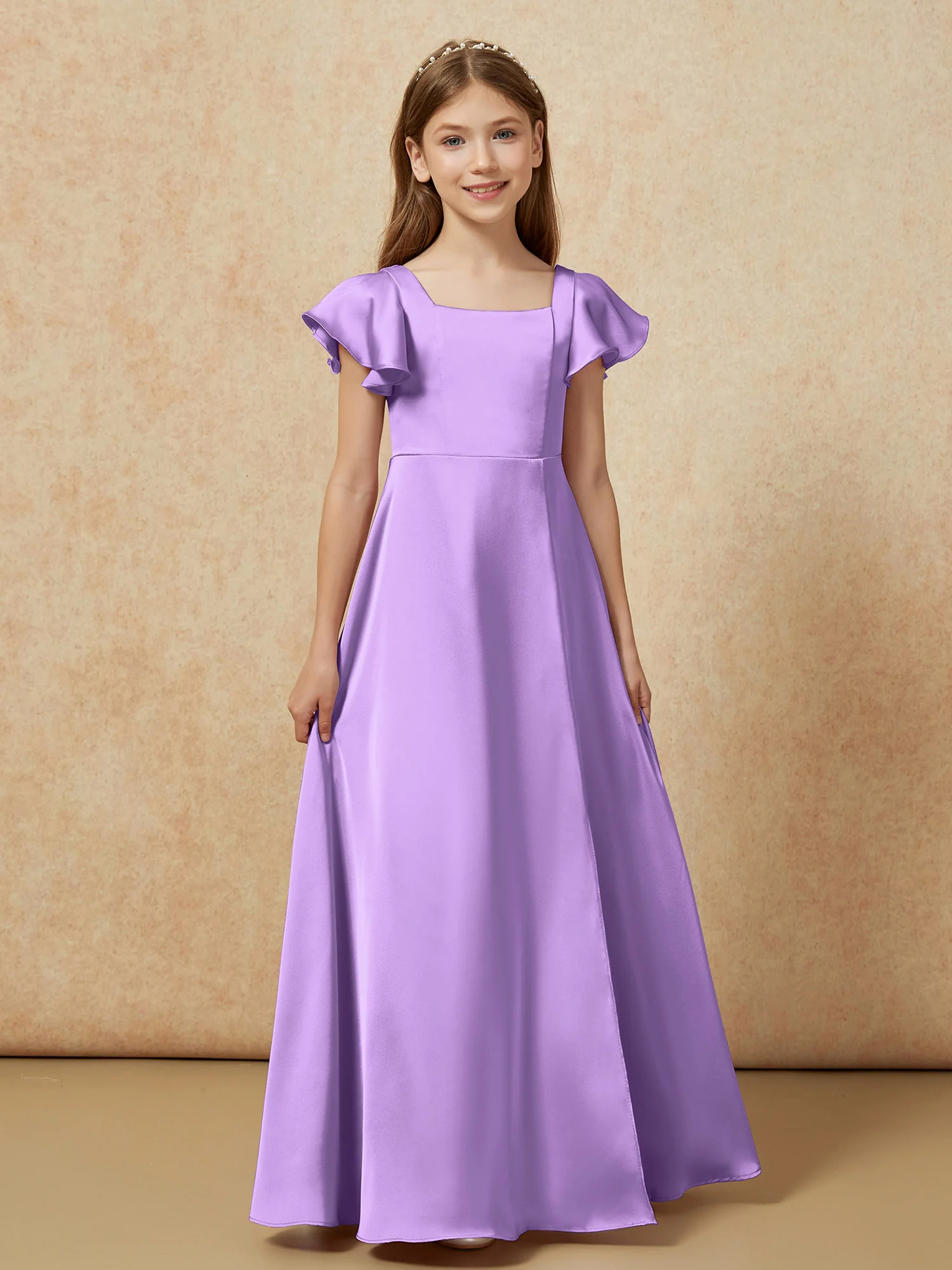 Square Neck Long Satin Junior Bridesmaid Dress Tahiti - Image 4