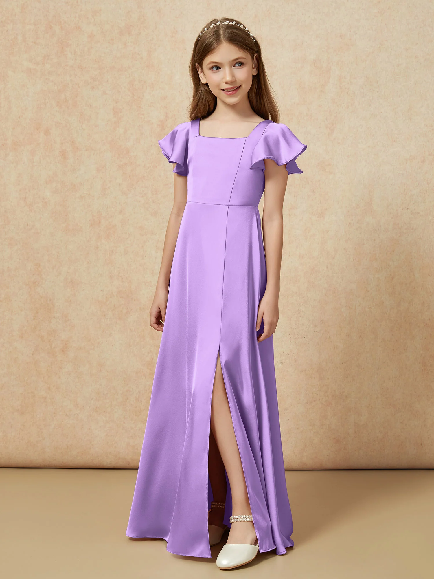 Square Neck Long Satin Junior Bridesmaid Dress Tahiti - Image 5
