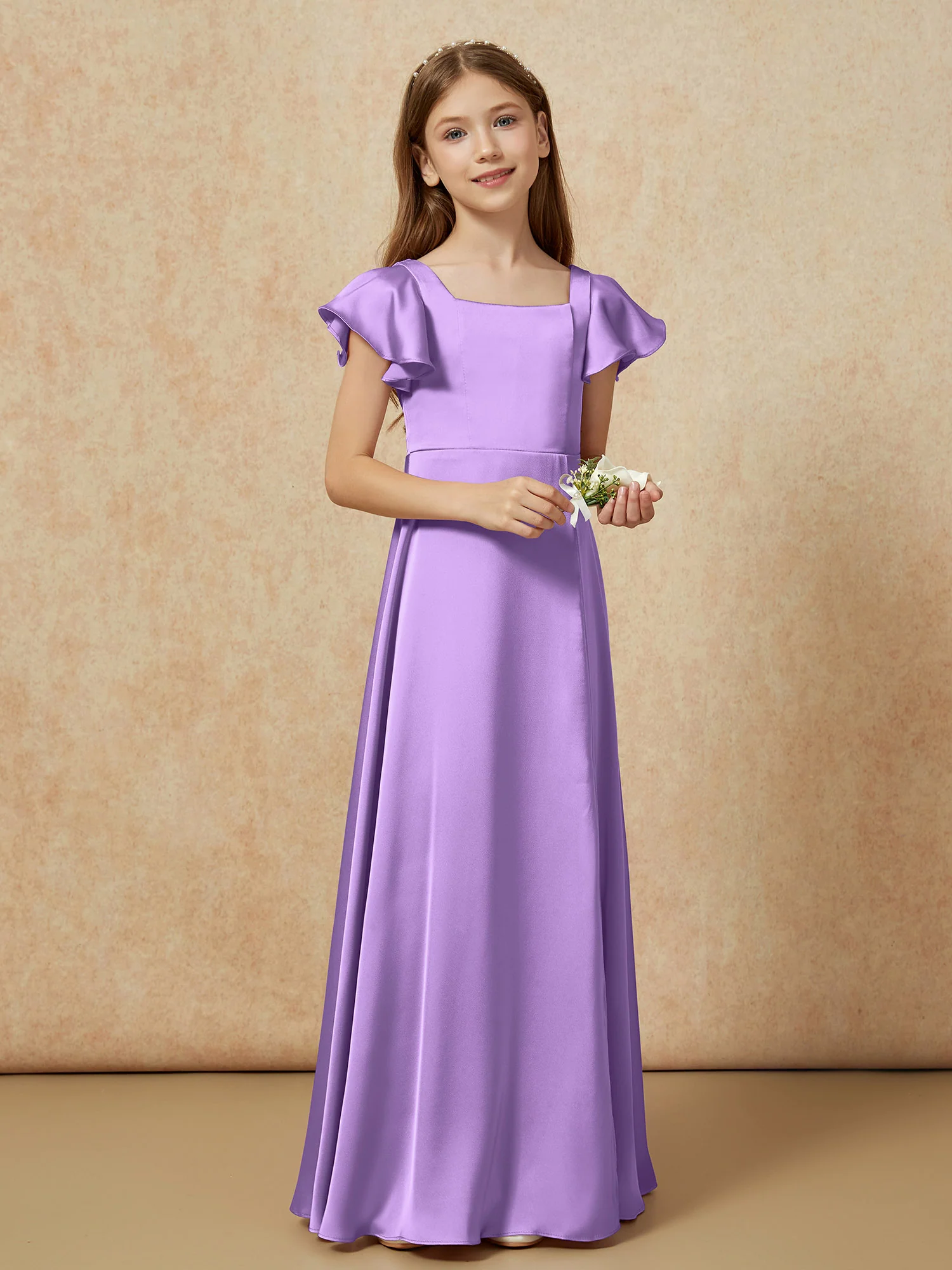 Square Neck Long Satin Junior Bridesmaid Dress Tahiti - Image 6