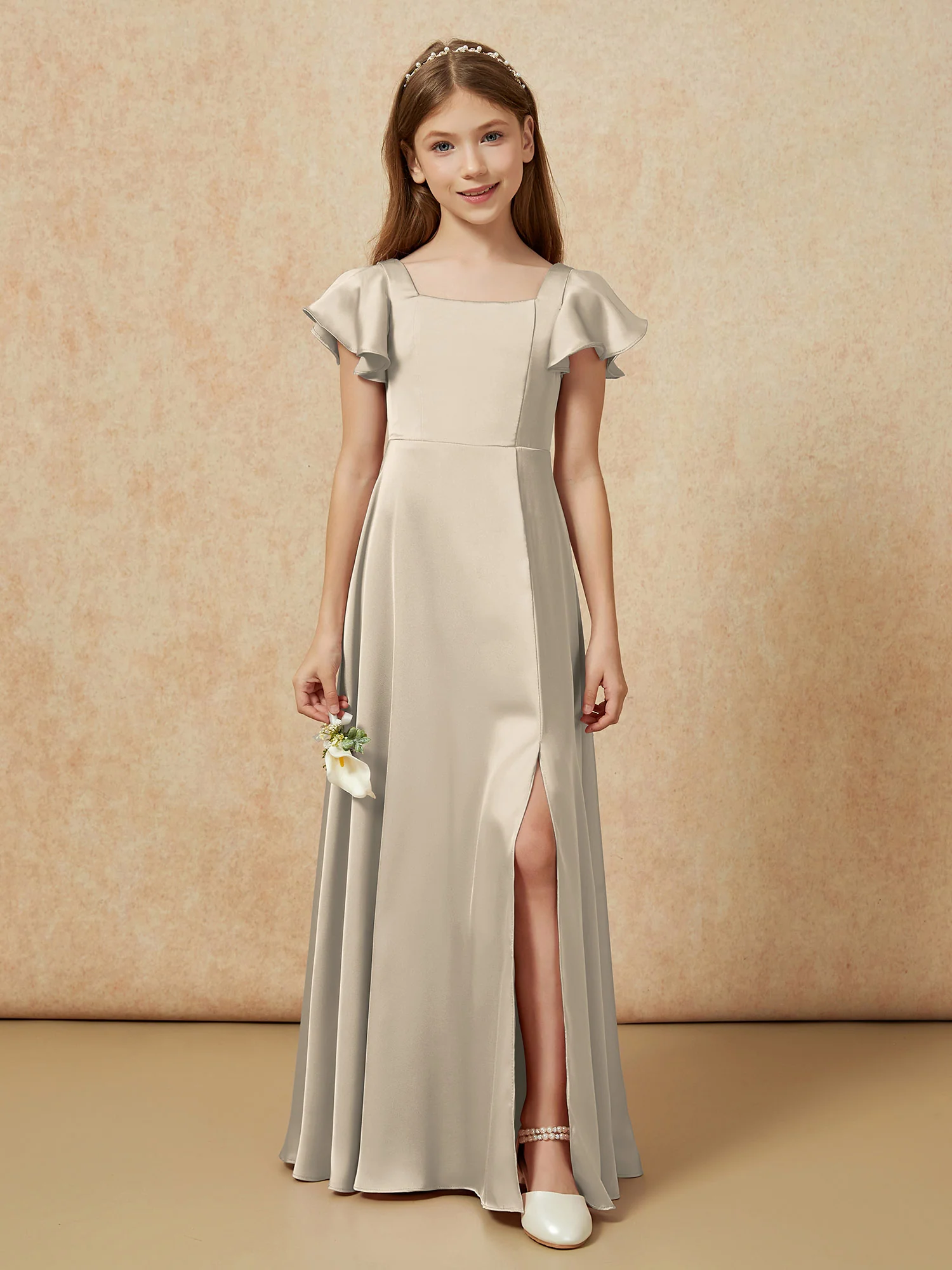 Square Neck Long Satin Junior Bridesmaid Dress Taupe