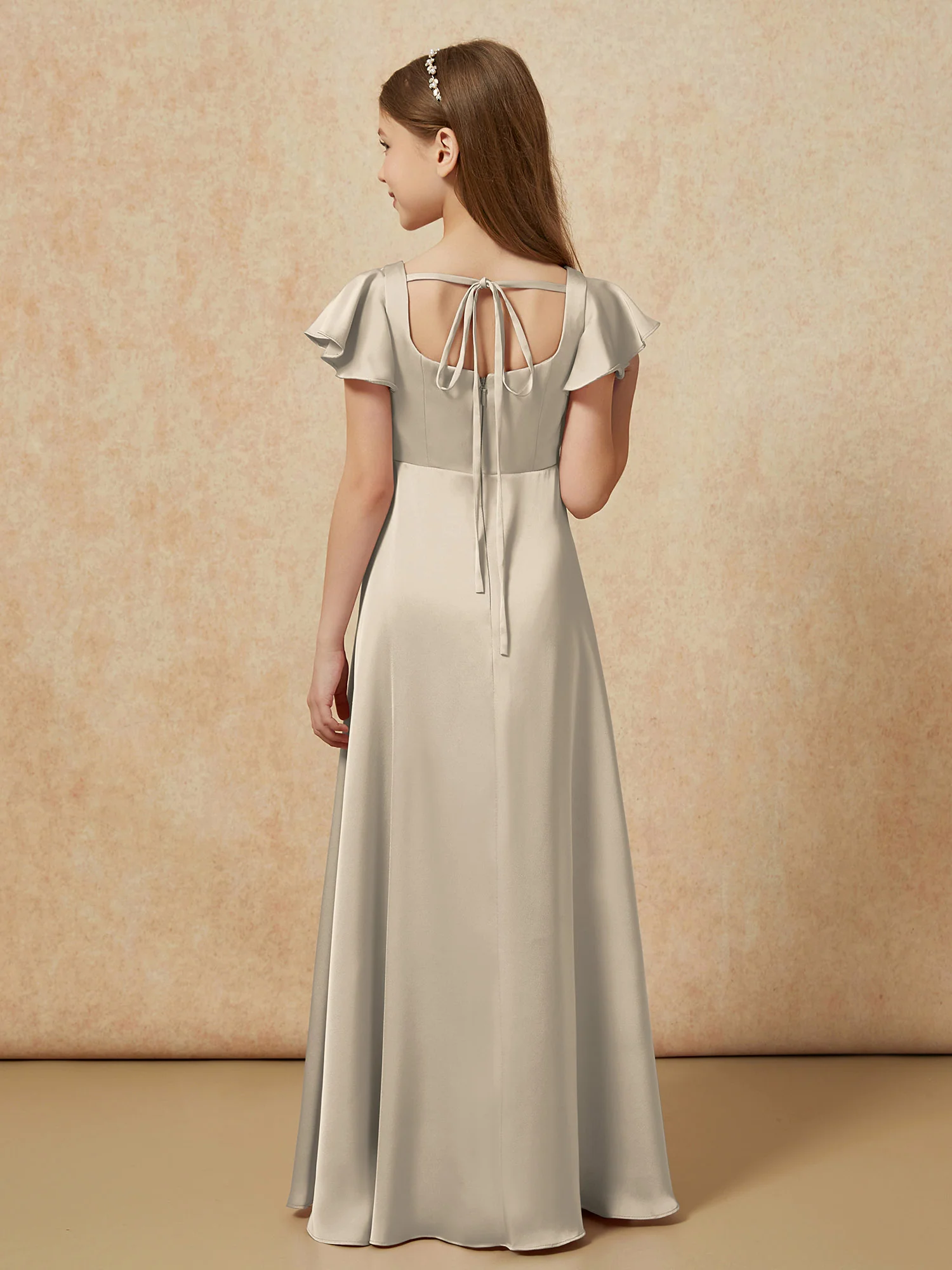 Square Neck Long Satin Junior Bridesmaid Dress Taupe - Image 2