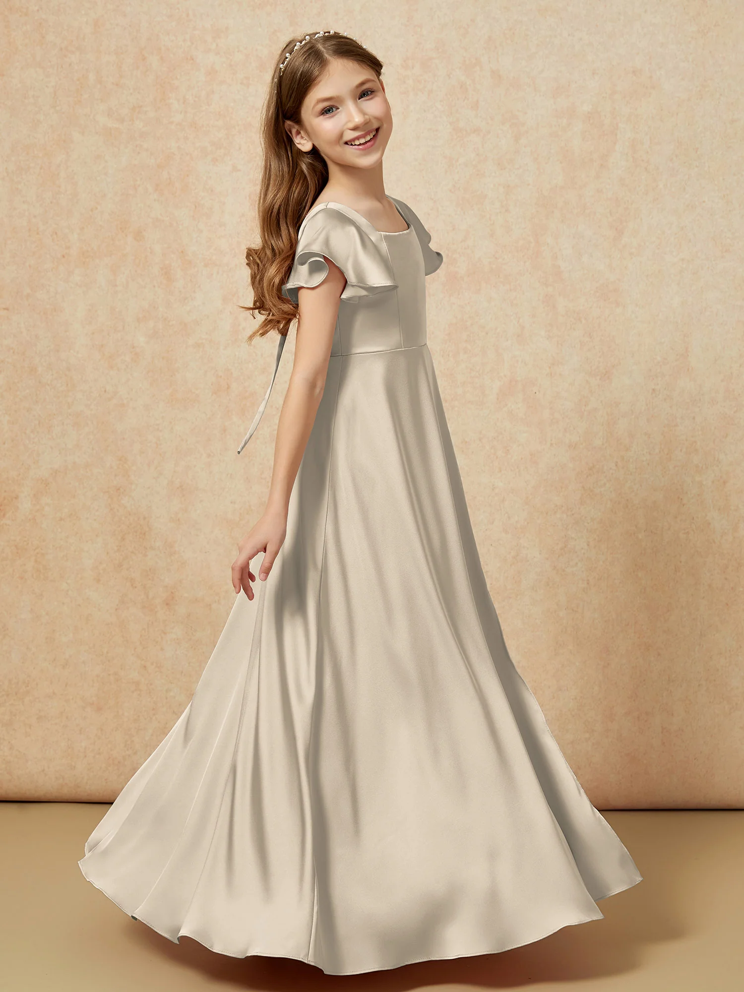 Square Neck Long Satin Junior Bridesmaid Dress Taupe - Image 3