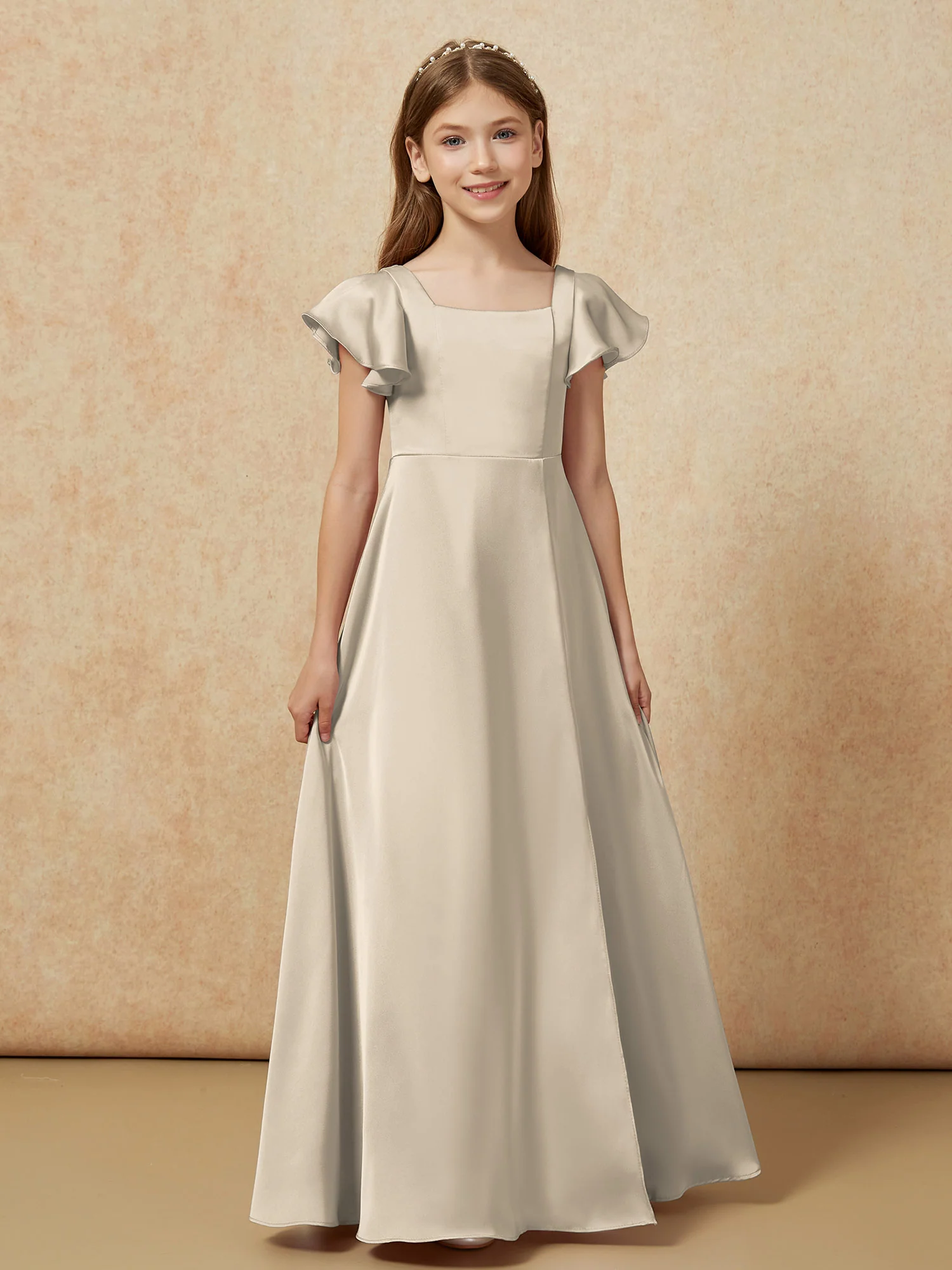 Square Neck Long Satin Junior Bridesmaid Dress Taupe - Image 4