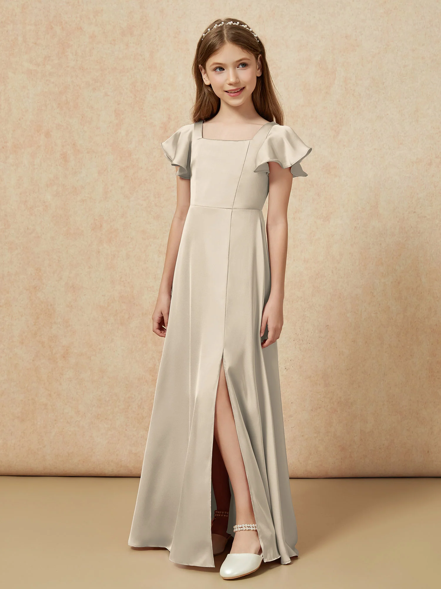Square Neck Long Satin Junior Bridesmaid Dress Taupe - Image 5