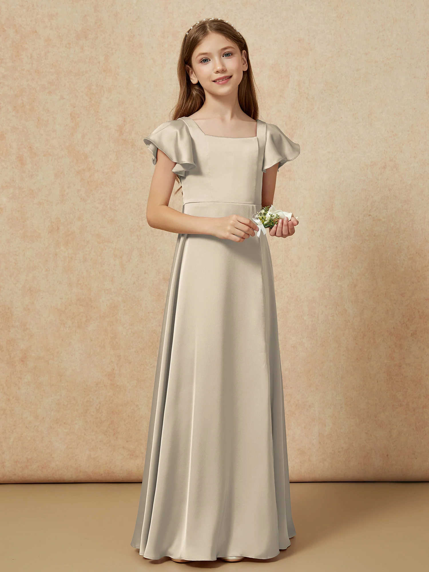 Square Neck Long Satin Junior Bridesmaid Dress Taupe - Image 6